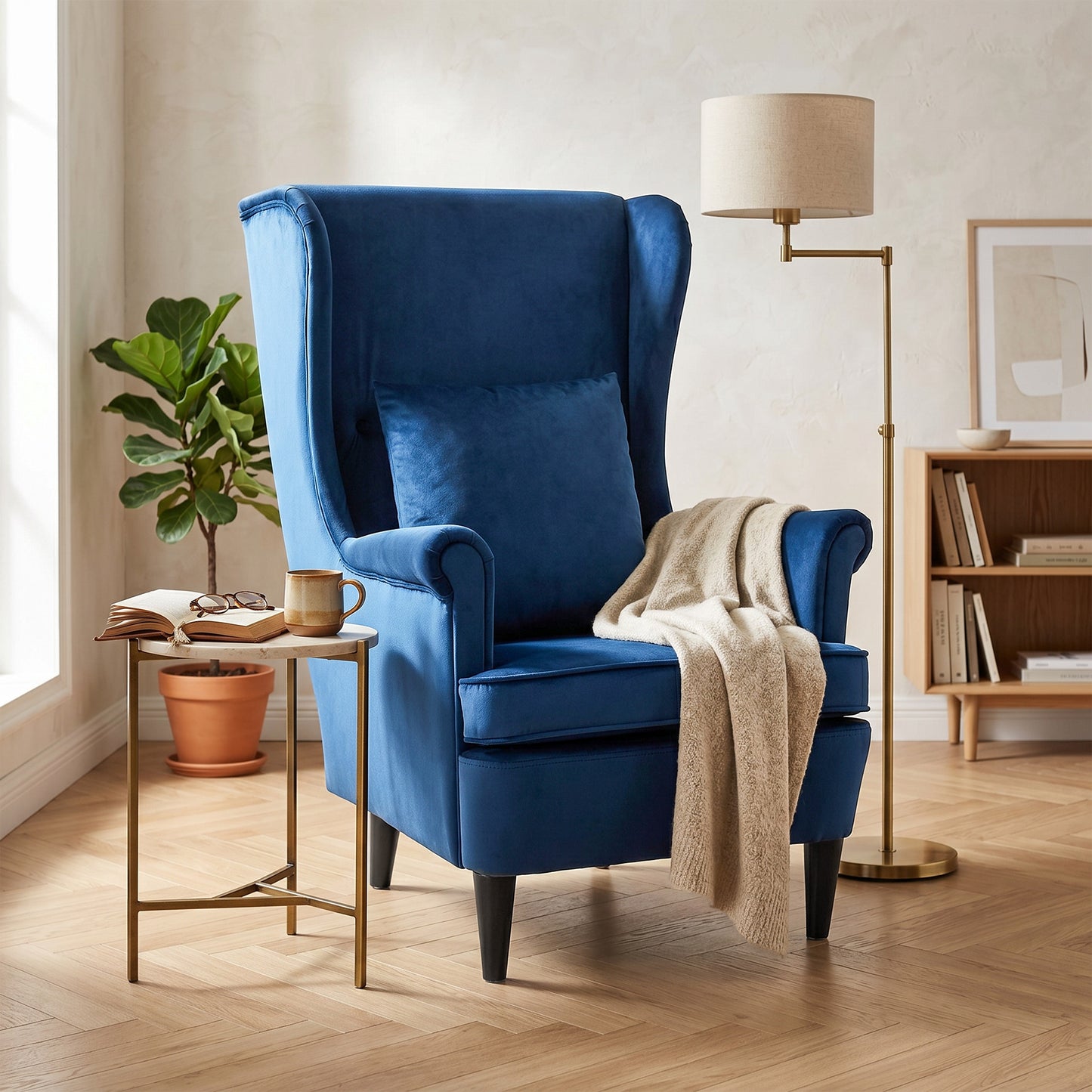 HOMCOM Velvet Wingback Reading Chair with High Backrest and Removable Pillow Cover Blue