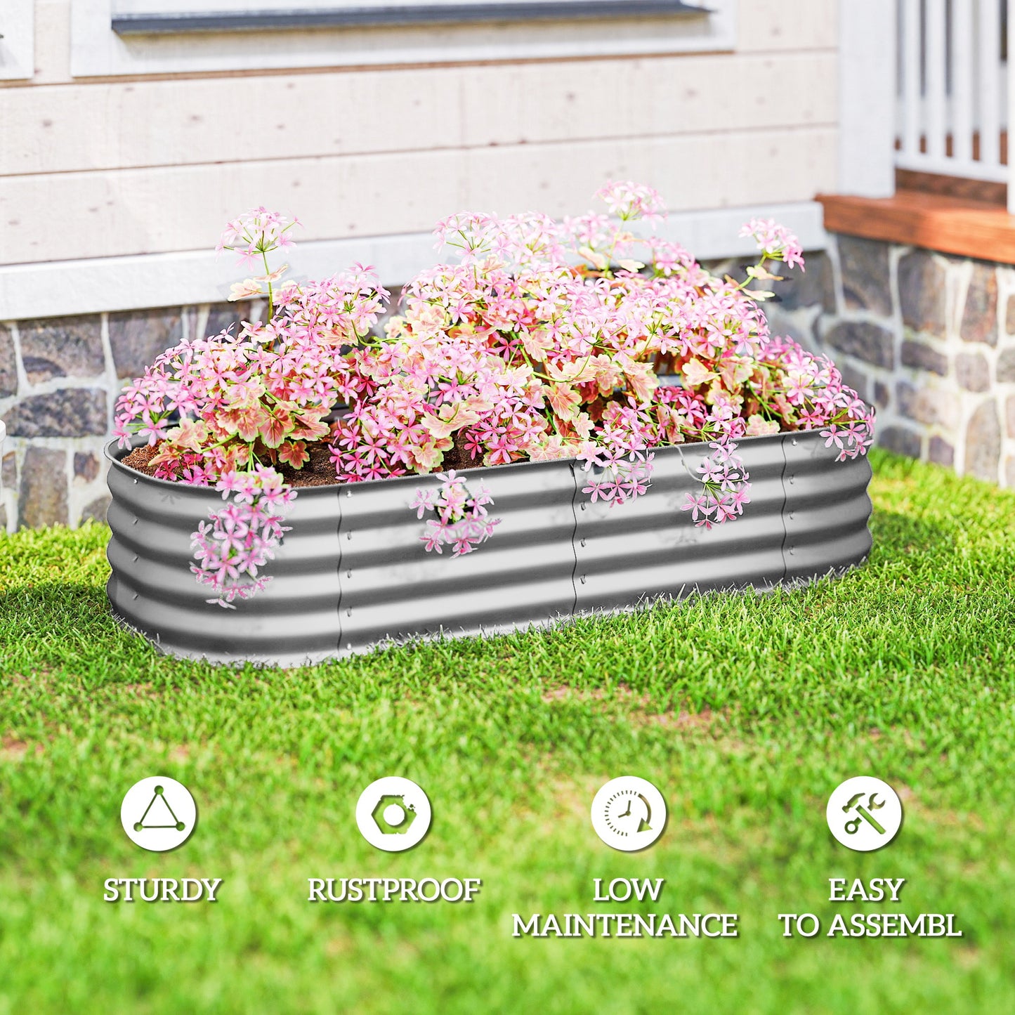 Outsunny Galvanised Raised Garden Bed Planter Box With Safety Edging For Flowers Herbs And Succulents Silver