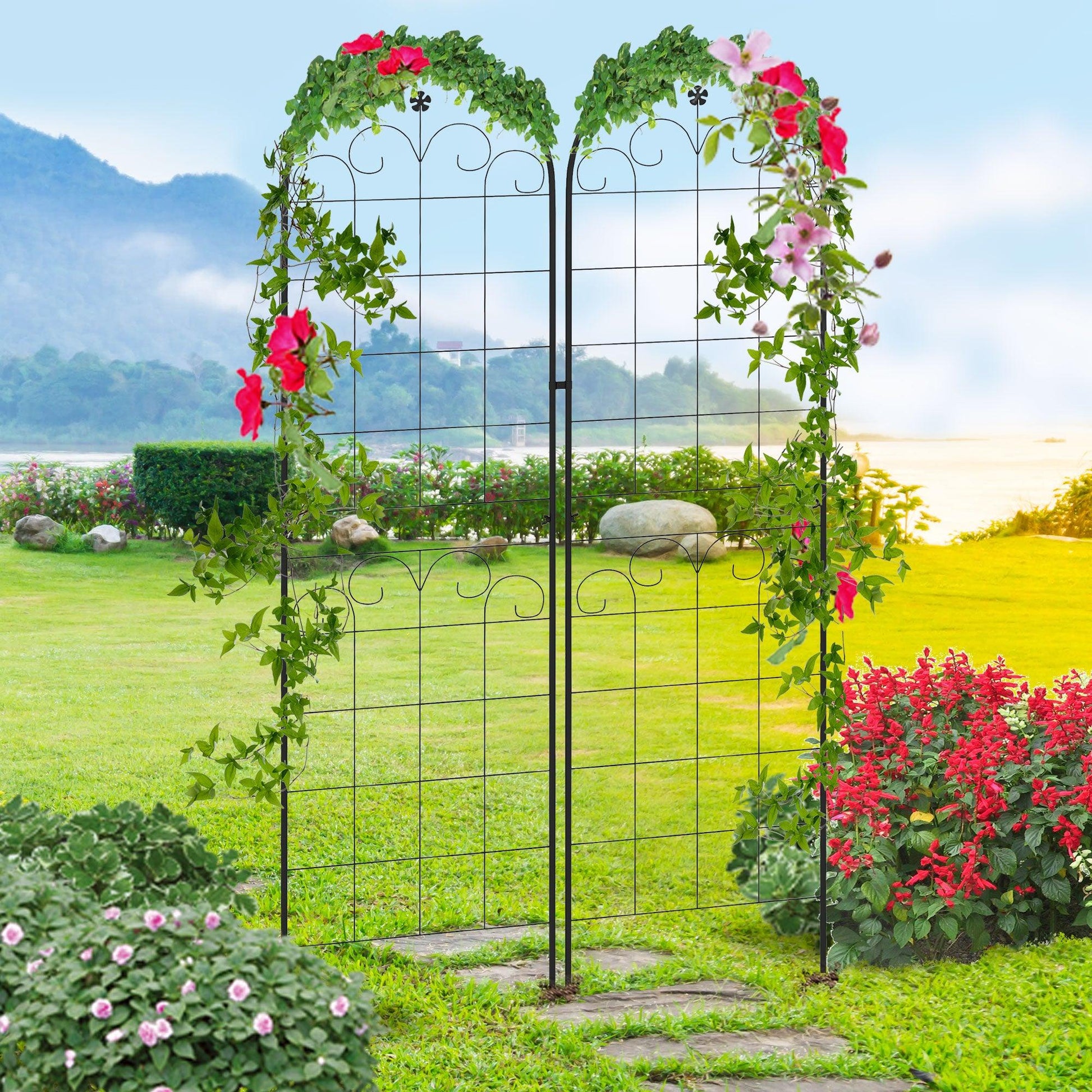 Outsunny Metal Trellis Set of 2, Garden Trellis for Climbing Plants Support Frames, Floral Design - ALL4U RETAILER LTD