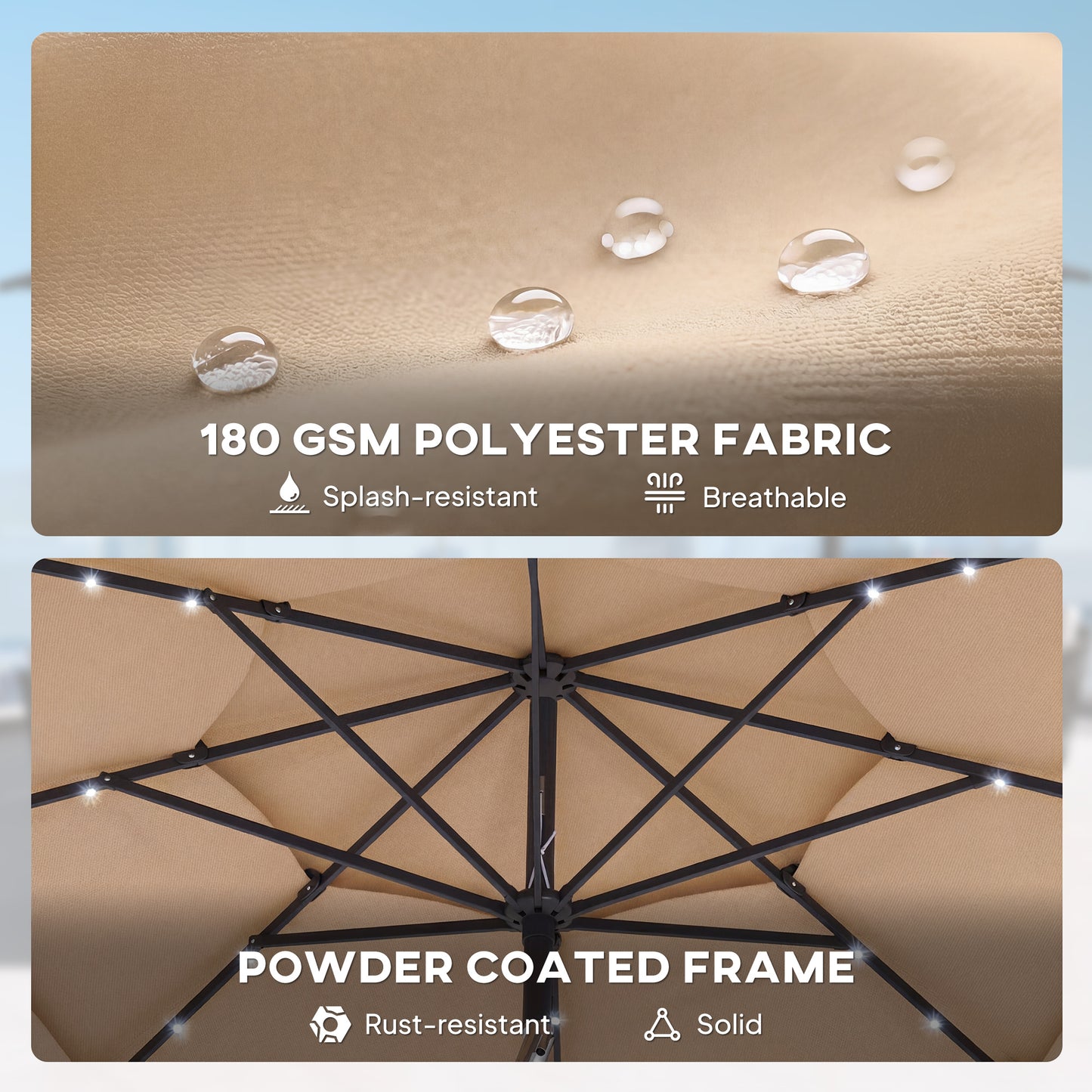 Outsunny 2.8m Garden Parasol Umbrella With LED Solar Light Parasol Cover 3 Tier Outdoor Table Market Patio Khaki
