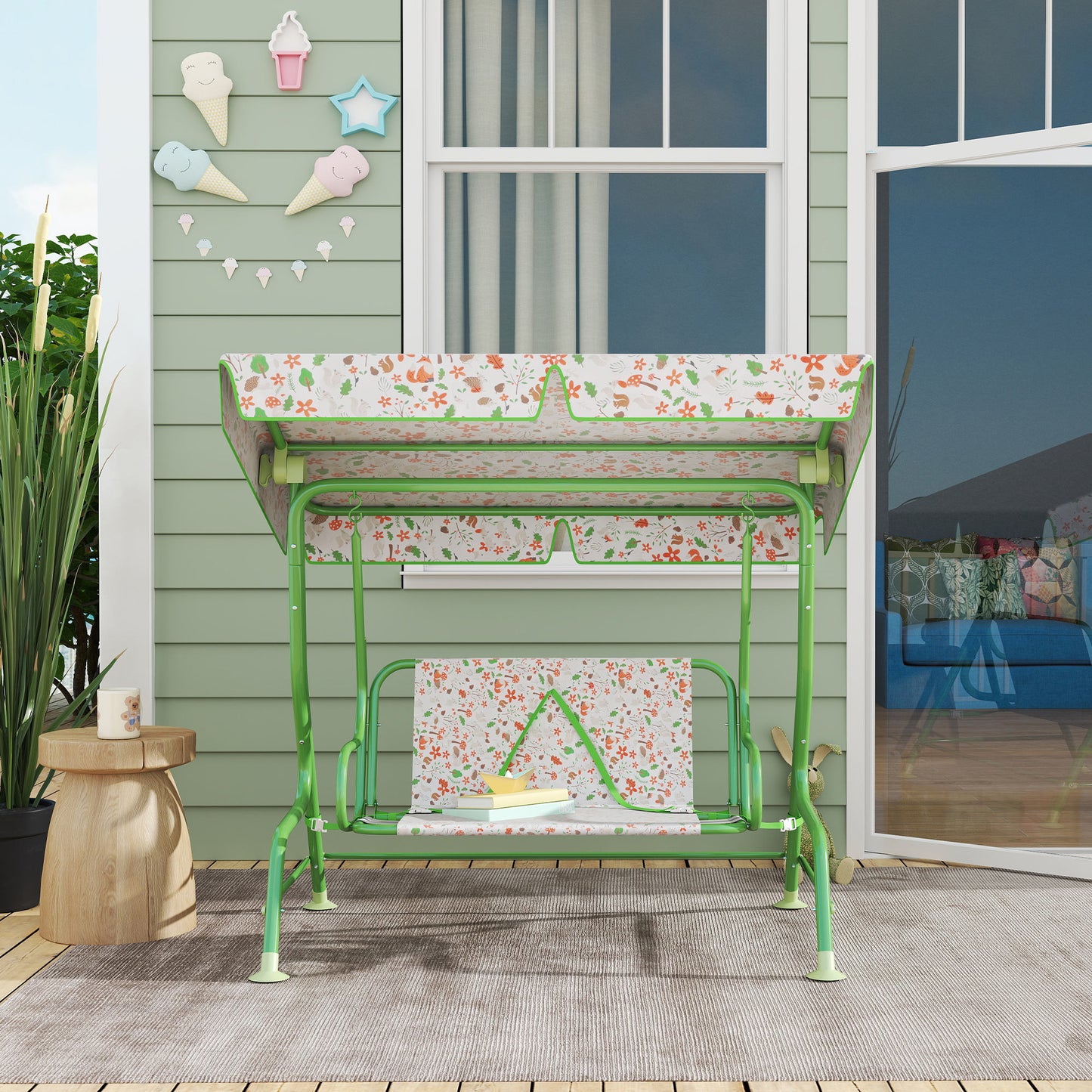 AIYAPLAY 2 Seater Kids Garden Hammock Swing Bench With Adjustable Canopy And Safety Belt For Patio Porch Green