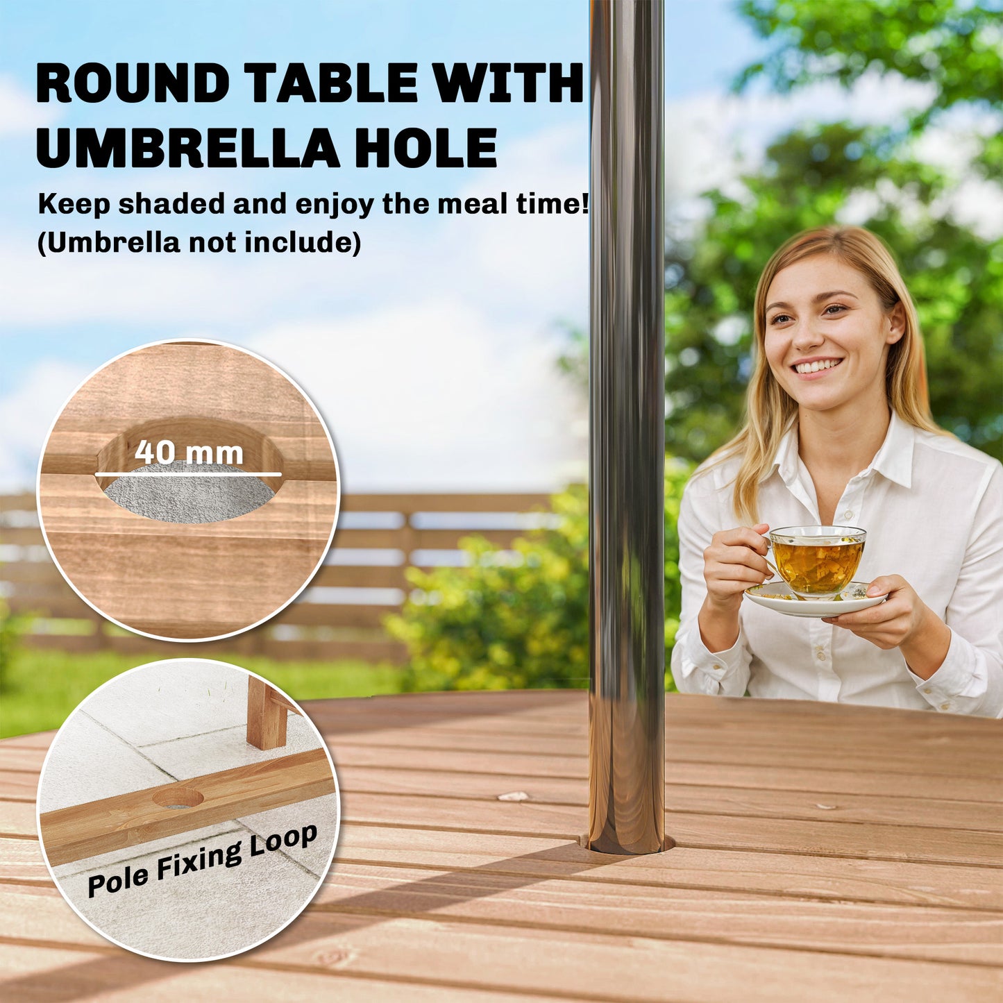 Outsunny 5 Piece Garden Dining Set With Parasol Hole Round Outdoor Table And Chairs 4 Seater Wooden Furniture Natural