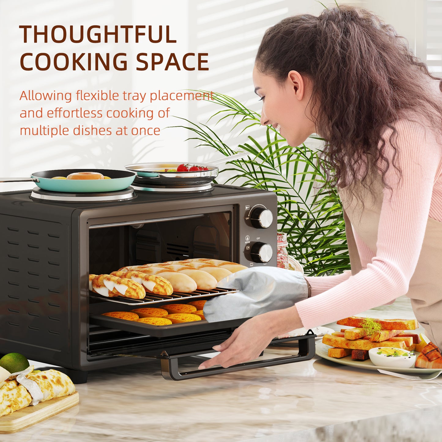 HOMCOM 28L Mini Oven With Dual Hot Plates 2600W Countertop Toaster Oven Grill Bake Roast Boil