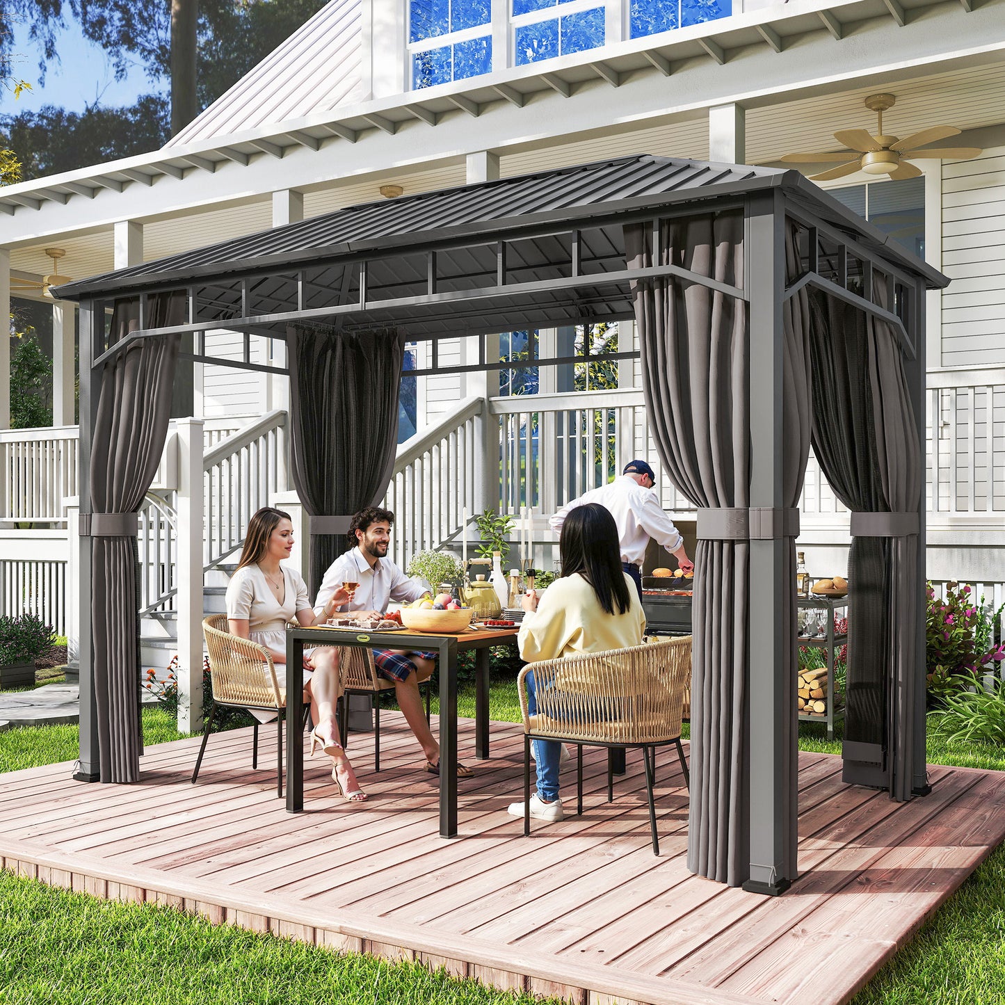 Outsunny 2 x 3.5 m Hardtop Gazebo With Galvanised Steel Roof Waterproof Netting And Curtains For Patio Deck Dark Grey