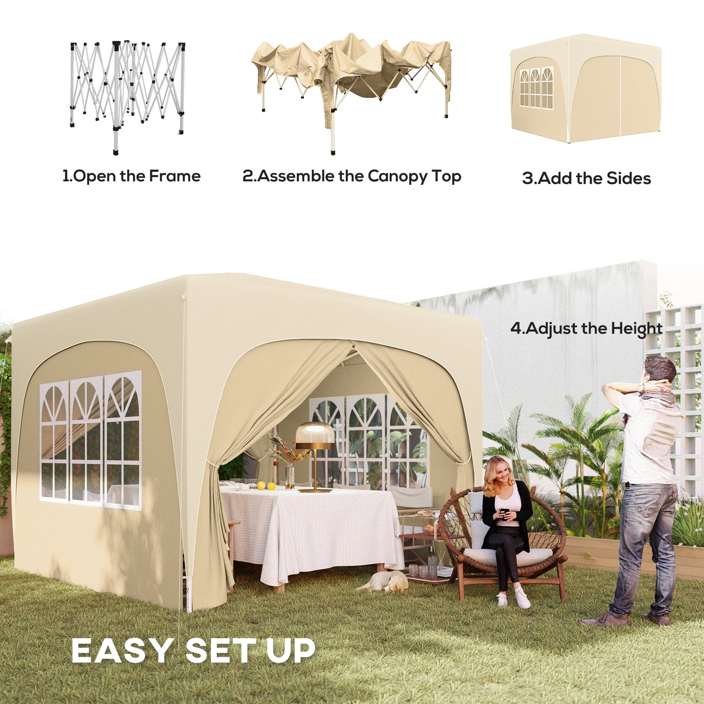 Outsunny 3x3m Pop Up Gazebo Shelter UPF50 Canopy UV Protection Adjustable Height 253cm 263cm 273cm Sand