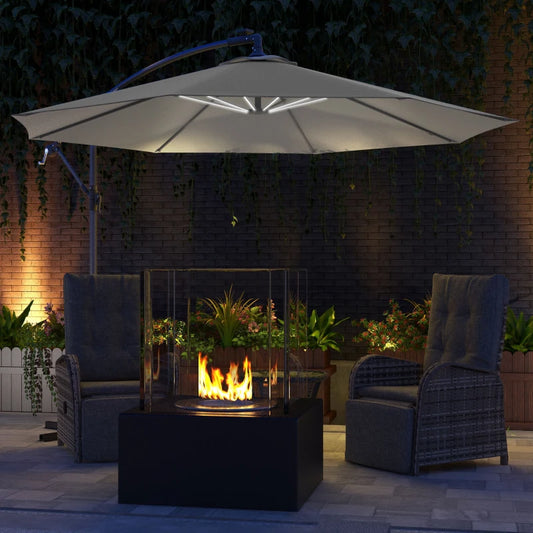 Outsunny 3m Grey Cantilever Parasol with Solar LED Lights - Garden Umbrella with Cross Base, Crank Handle, and Hanging Offset Banana Sun Shade for Patio and Outdoor Use - ALL4U RETAILER LTD