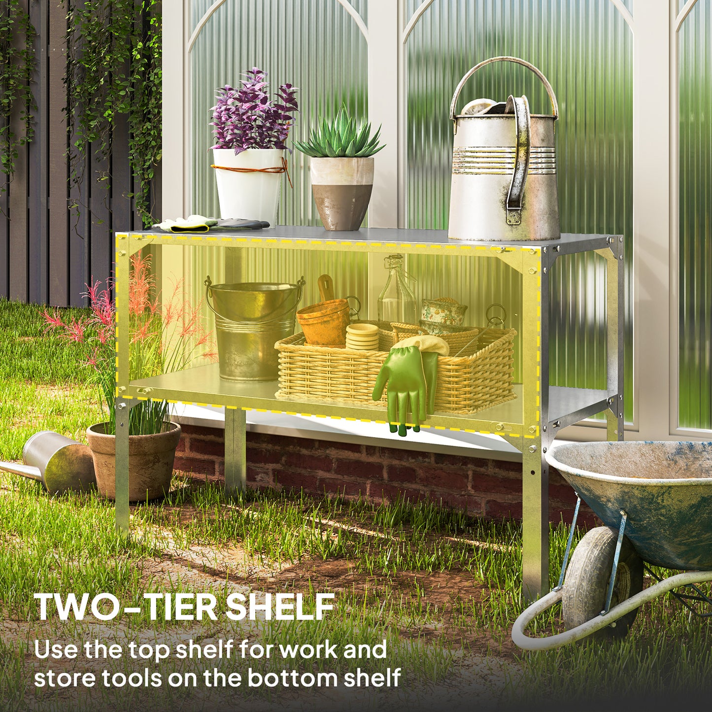 Outsunny Galvanised Steel Potting Bench 2 Tier Table With Storage Shelf For Outdoor Patio Greenhouse 110x50x75cm Silver