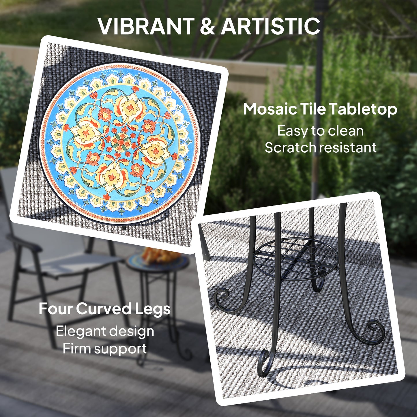 Outsunny Mosaic Round Garden Table With Shelf Ceramic Tile Top Outdoor Patio Balcony End Table Blue