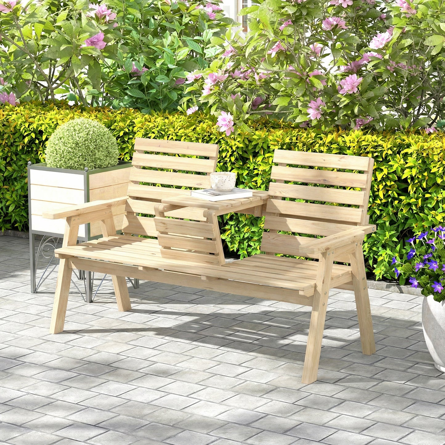Outsunny Convertible Fir Wood Garden Bench 2 To 3 Seater With Table Natural Wood Finish