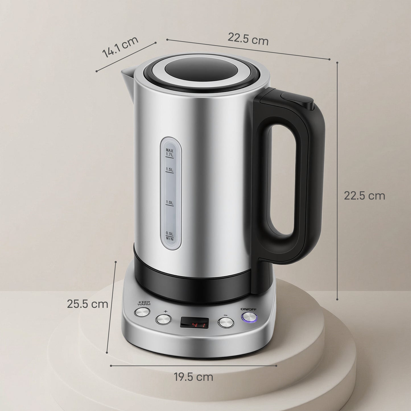 HOMCOM Electric Kettle 1.7L 3000W Fast Boil With UK Strix Thermostat Keep Warm Function LCD Base Silver Tone
