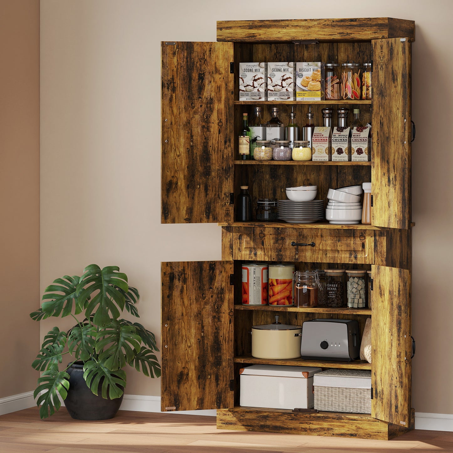 HOMCOM Tall Kitchen Cupboard Pantry Cabinet With Drawer And Shelves In Brown For Small Spaces