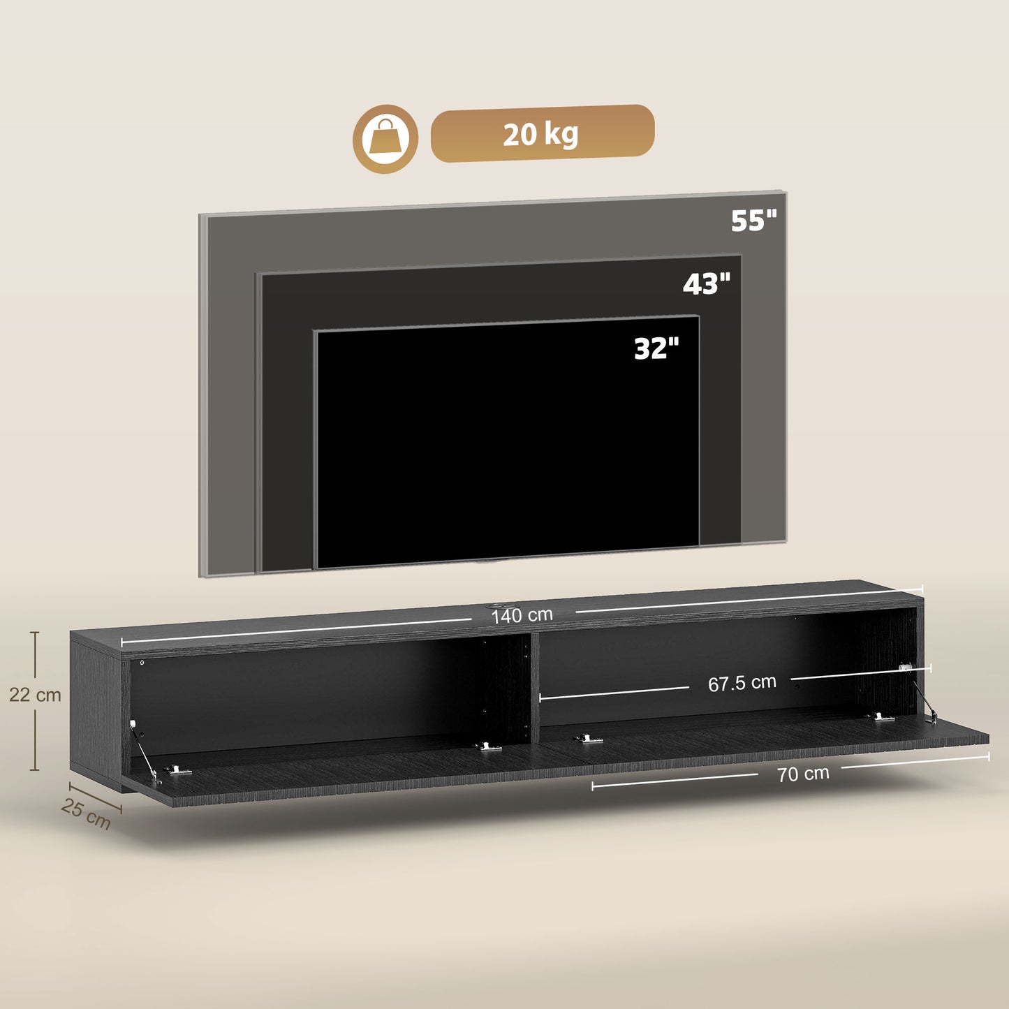 HOMCOM 140cm Floating Wall Mount TV Stand In Black With Cable Management Hole Fits Up To 72 Inch TV