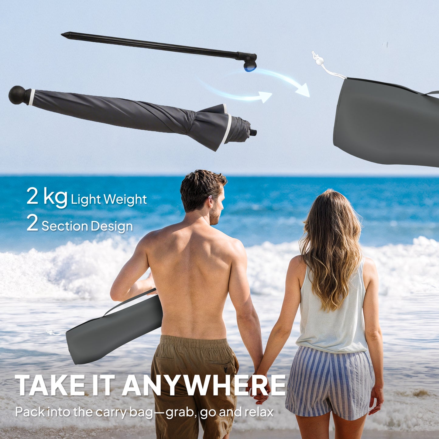 Outsunny 1.8m Beach Umbrella Parasol With Sand Anchor 30 Degree Tilt Adjustable Height Dark Grey