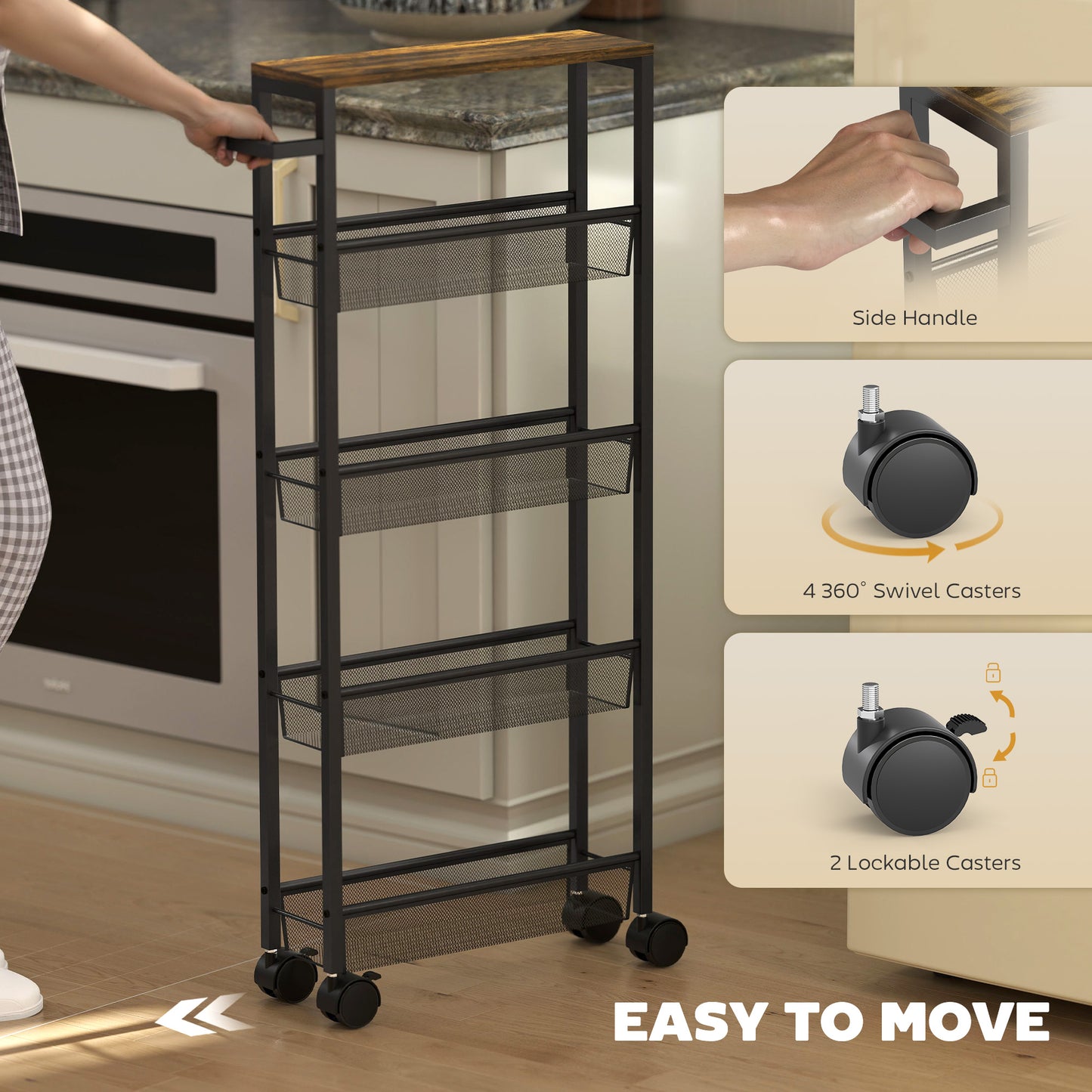 HOMCOM Slim Storage Trolley 5 Tier Kitchen Cart On Wheels With Wood Effect Top For Living Room Bathroom Black