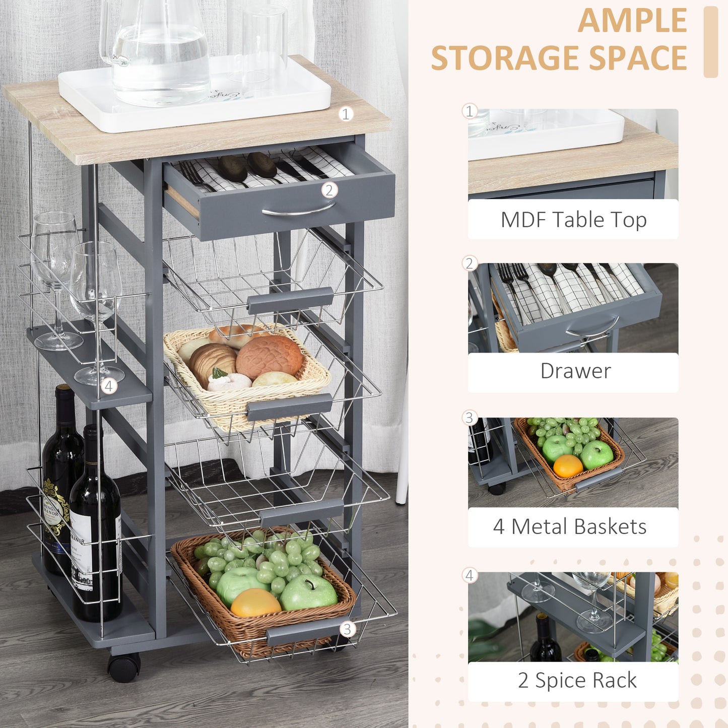 HOMCOM Rolling Kitchen Cart With Four Basket Drawers And Side Racks On Wheels For Dining Room Grey