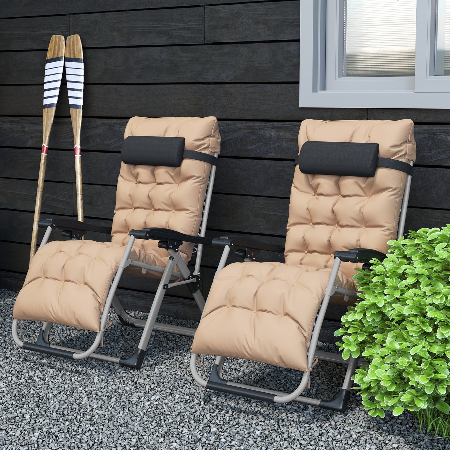 Outsunny 2 Piece Reclining Zero Gravity Sun Loungers With Cushions For Outdoor Patio Khaki