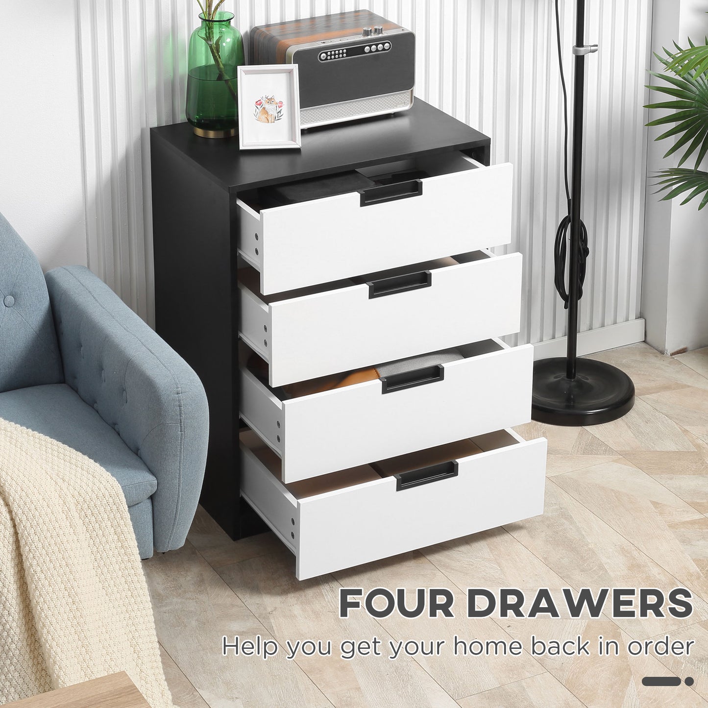 HOMCOM Bedroom Furniture Set Wardrobe With Hanging Rod 4 Drawer Chest And 2 Bedside Tables White And Black