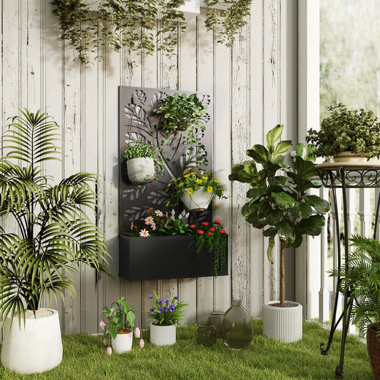 Outsunny Outdoor Metal Planter With Back Trellis Black Garden Planter Box 23 x 58 cm 32L Soil Capacity