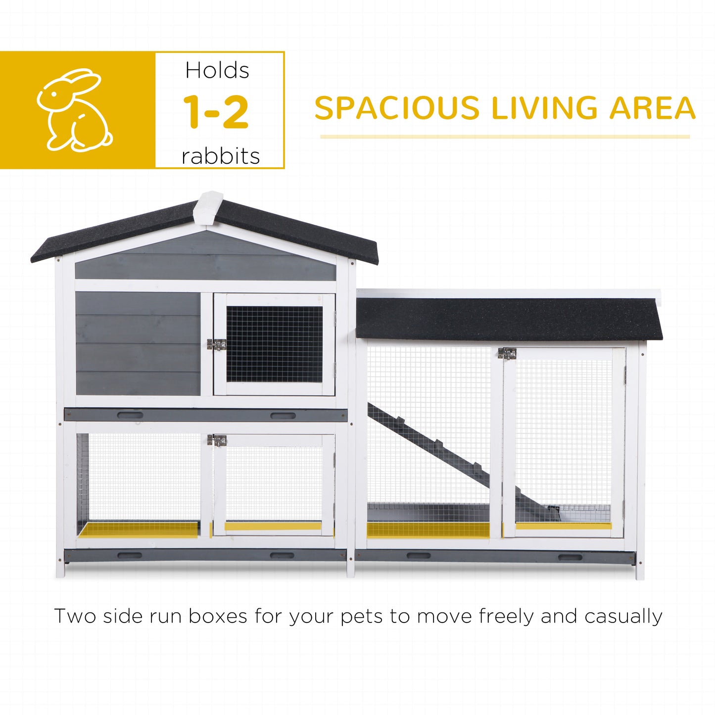 PawHut Deluxe Grey Wooden 2-Tier Rabbit Hutch with Removable Tray and Ramp - ALL4U RETAILER LTD