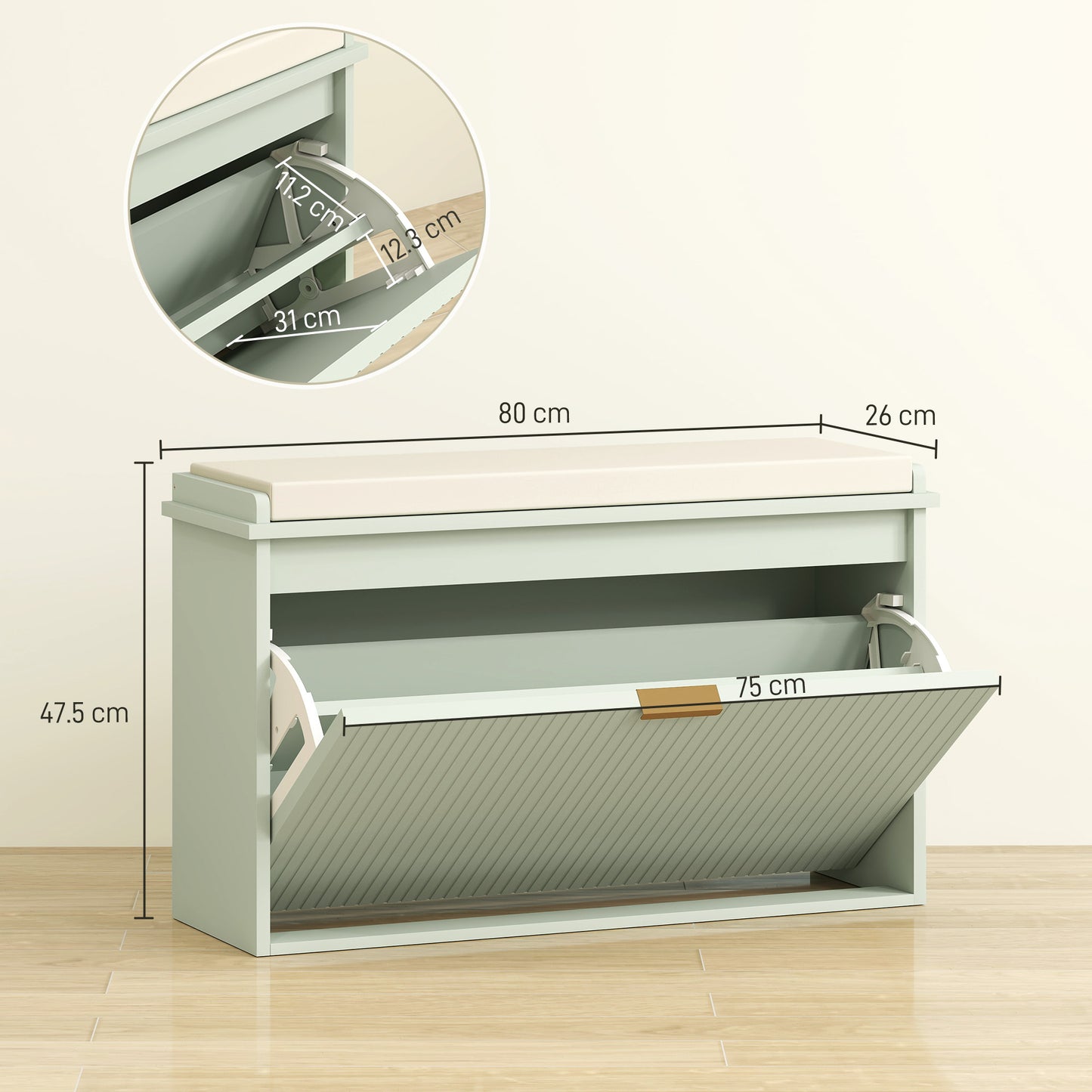HOMCOM Elegant Eight Shoe Bench With Top Seat Green Linen Look Cushion Flip Drawer For Storage