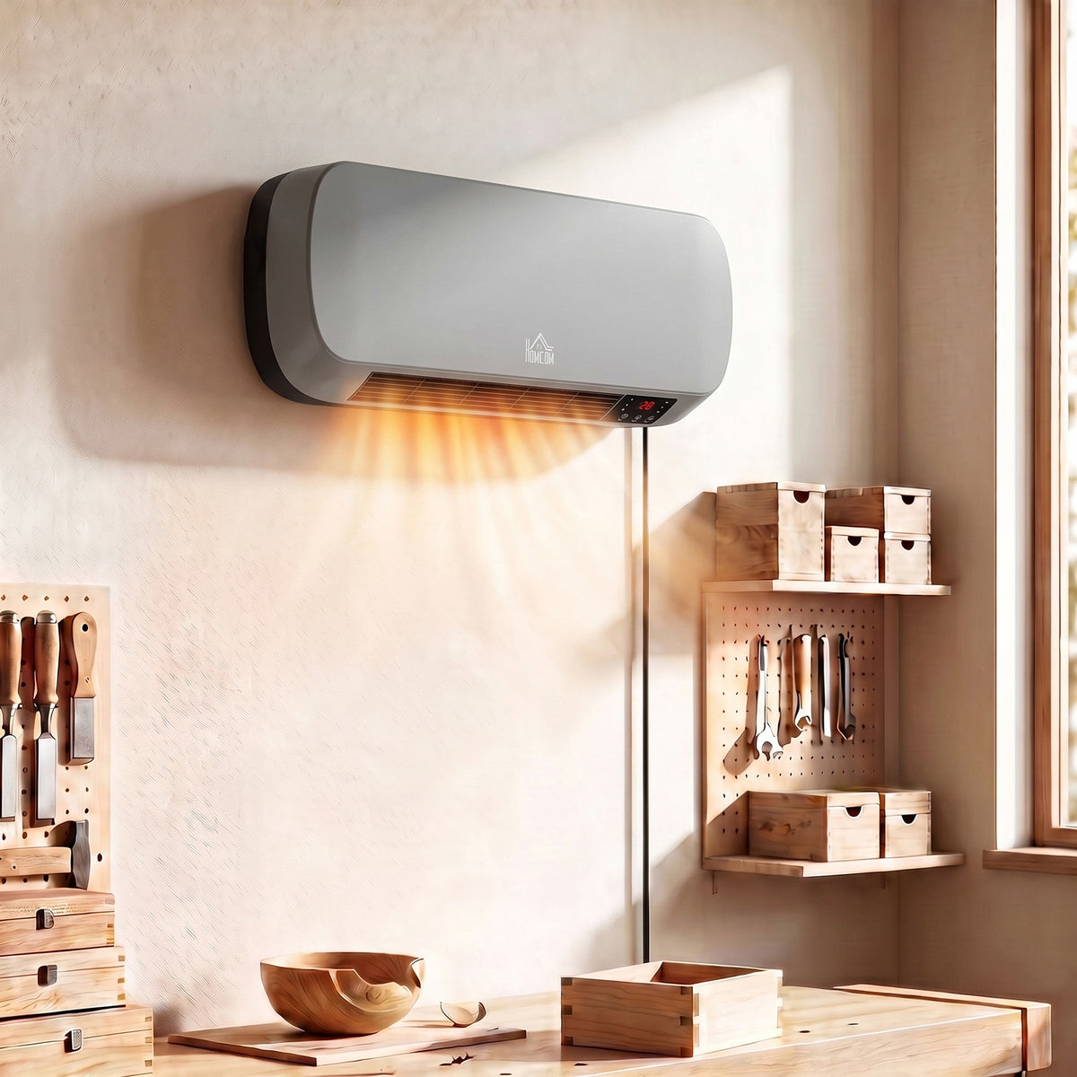 Wall-mounted gray ceramic space heater with steady heat output and control indicator lights