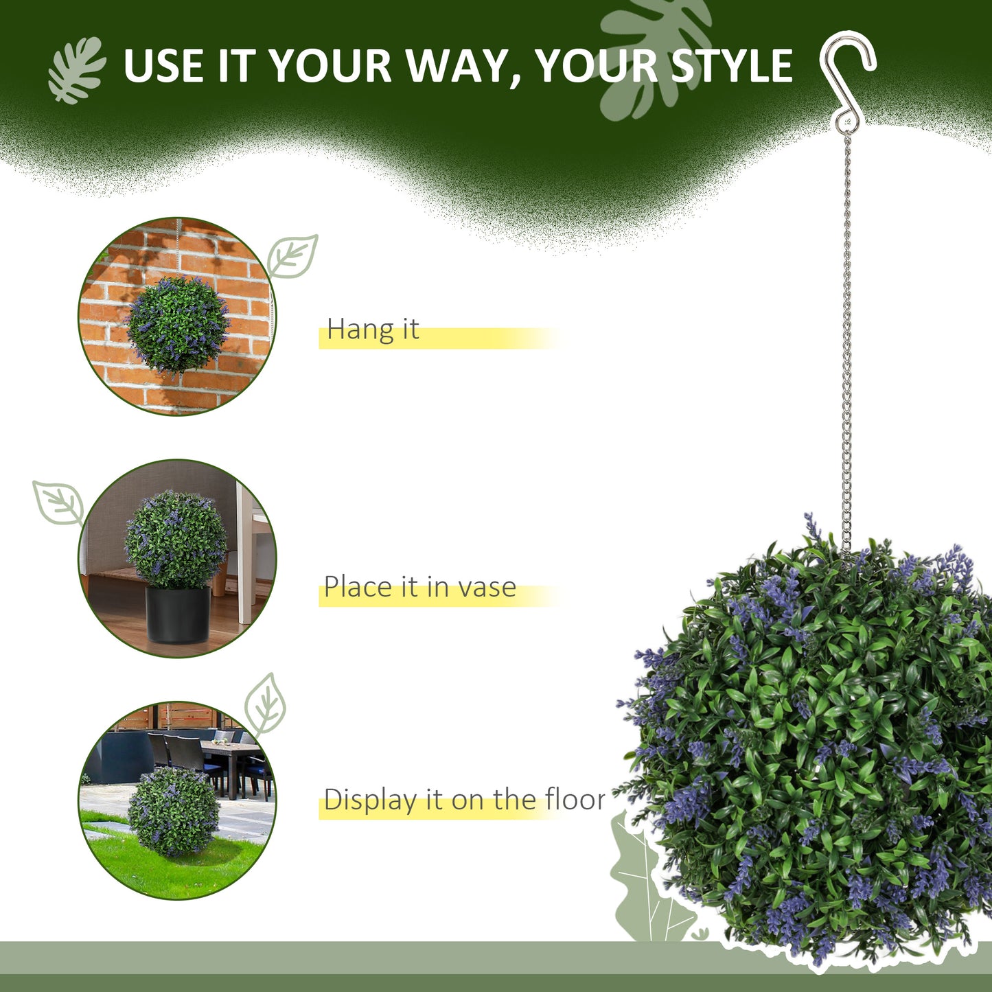 HOMCOM Set Of 2 Purple Artificial Plant Topiary Balls With Lavender Flowers UV Protected Outdoor Indoor Decor