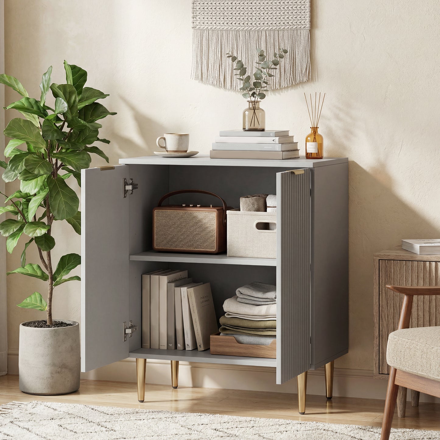 HOMCOM Sideboard Buffet Cabinet Modern Kitchen Storage With Adjustable Shelf And Metal Legs Grey