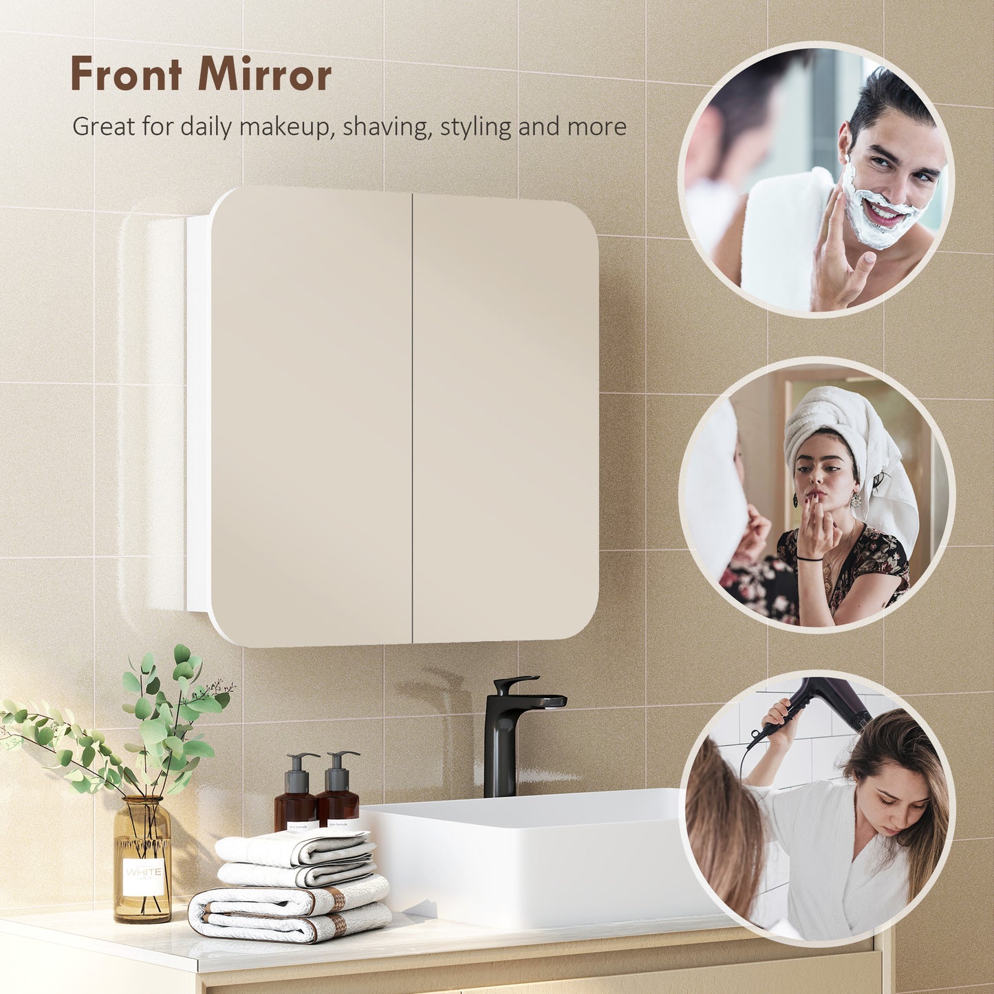 HOMCOM Arched Bathroom Mirror Cabinet With Adjustable Shelves White Wall Mounted