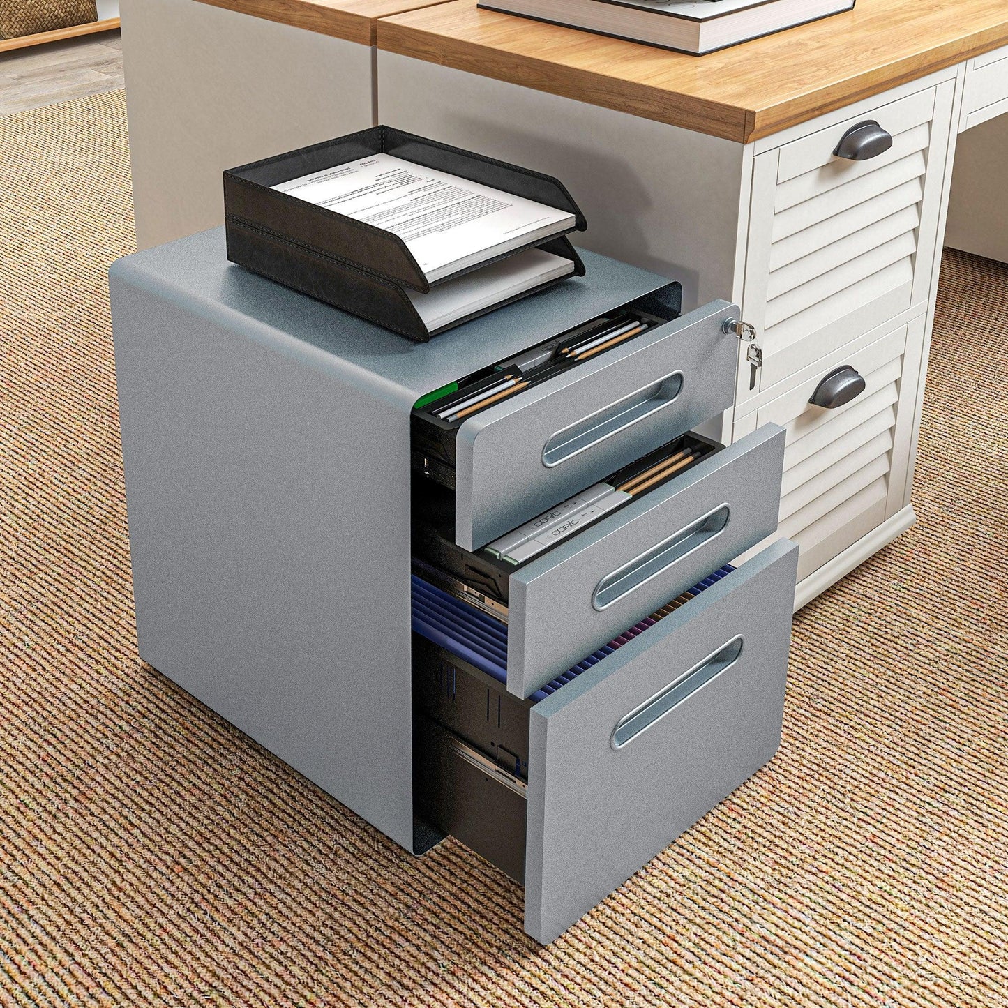 Vinsetto 3 Drawer Modern Steel Filing Cabinet w/ 4 Wheels Lock Pencil Box Grey - ALL4U RETAILER LTD