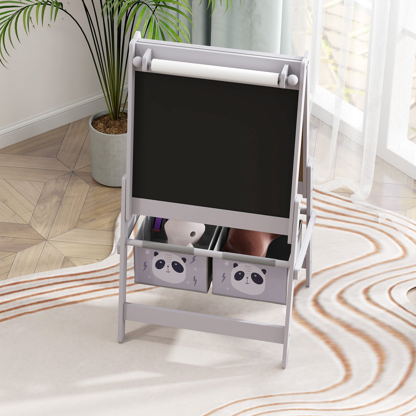 AIYAPLAY 3 In 1 Kids Easel With Paper Roll And Storage Blackboard Whiteboard Art Easel For Creative Play Grey