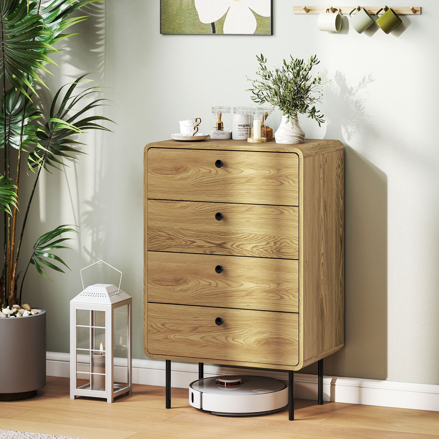 HOMCOM Modern Chest Of Drawers With Four Drawers Oak Finish Rounded Edges And Smooth Handles