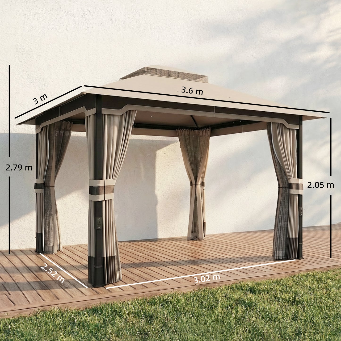 Outsunny 3 by 3.6 m Outdoor Garden Gazebo with Netting and Curtains Permanent Pavilion Two Tier Roof Khaki