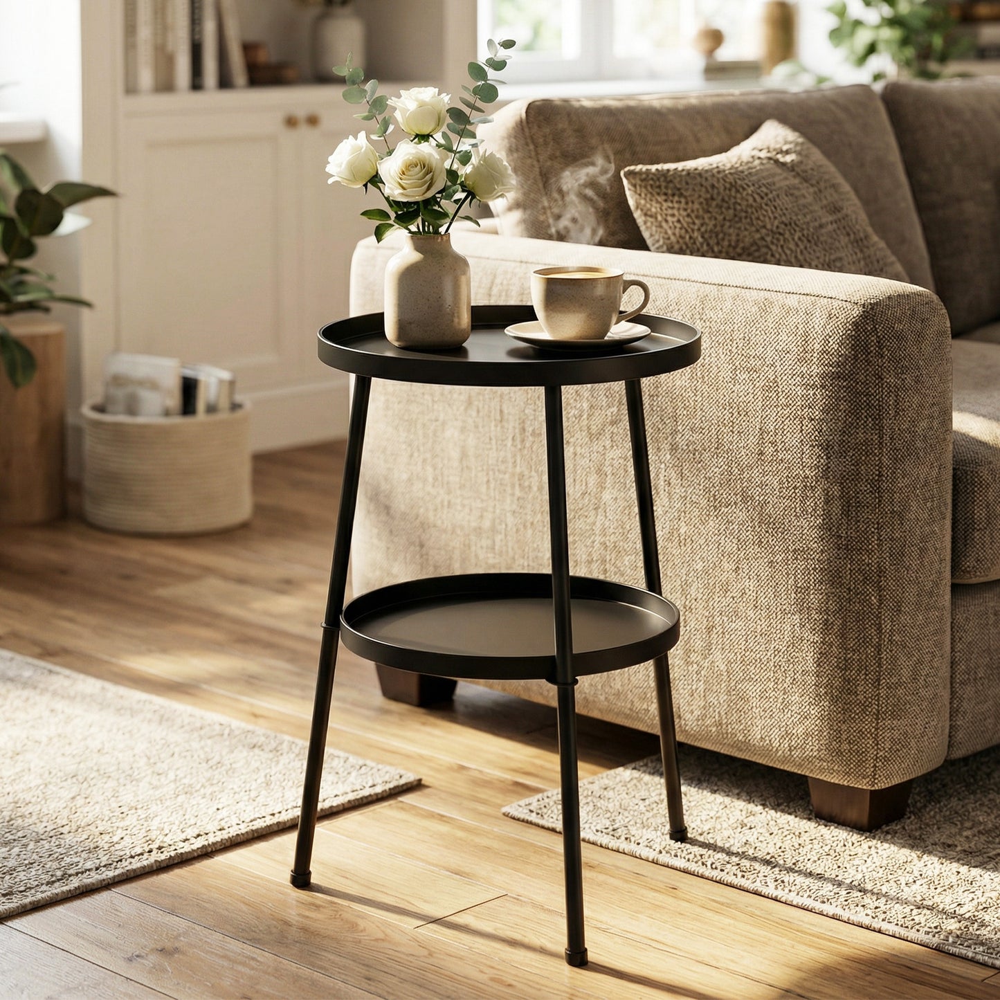 Outsunny 2 Tier Round Patio Side Table With Adjustable Feet For Garden Balcony Living Room Bedroom Black