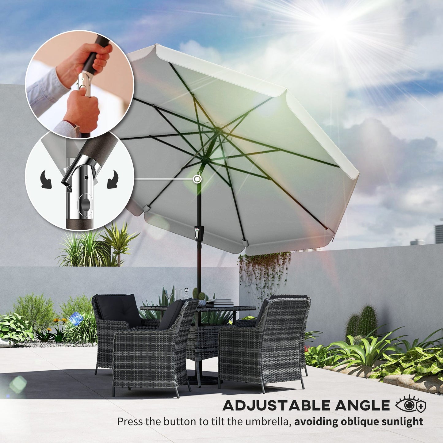Outsunny 3m Garden Parasol With Tilt Mechanism And Crank Handle UPF 30 Plus Patio Table Umbrella Light Grey