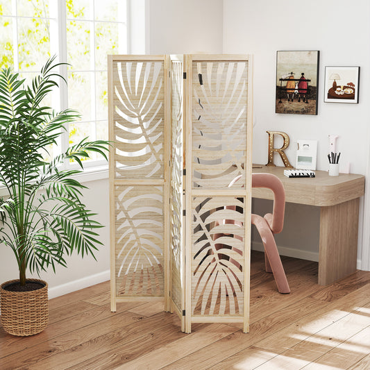 HOMCOM 3 Panel Room Divider With Palm Leaf Design Detachable Folding Privacy Screen Wood Finish For Home Office