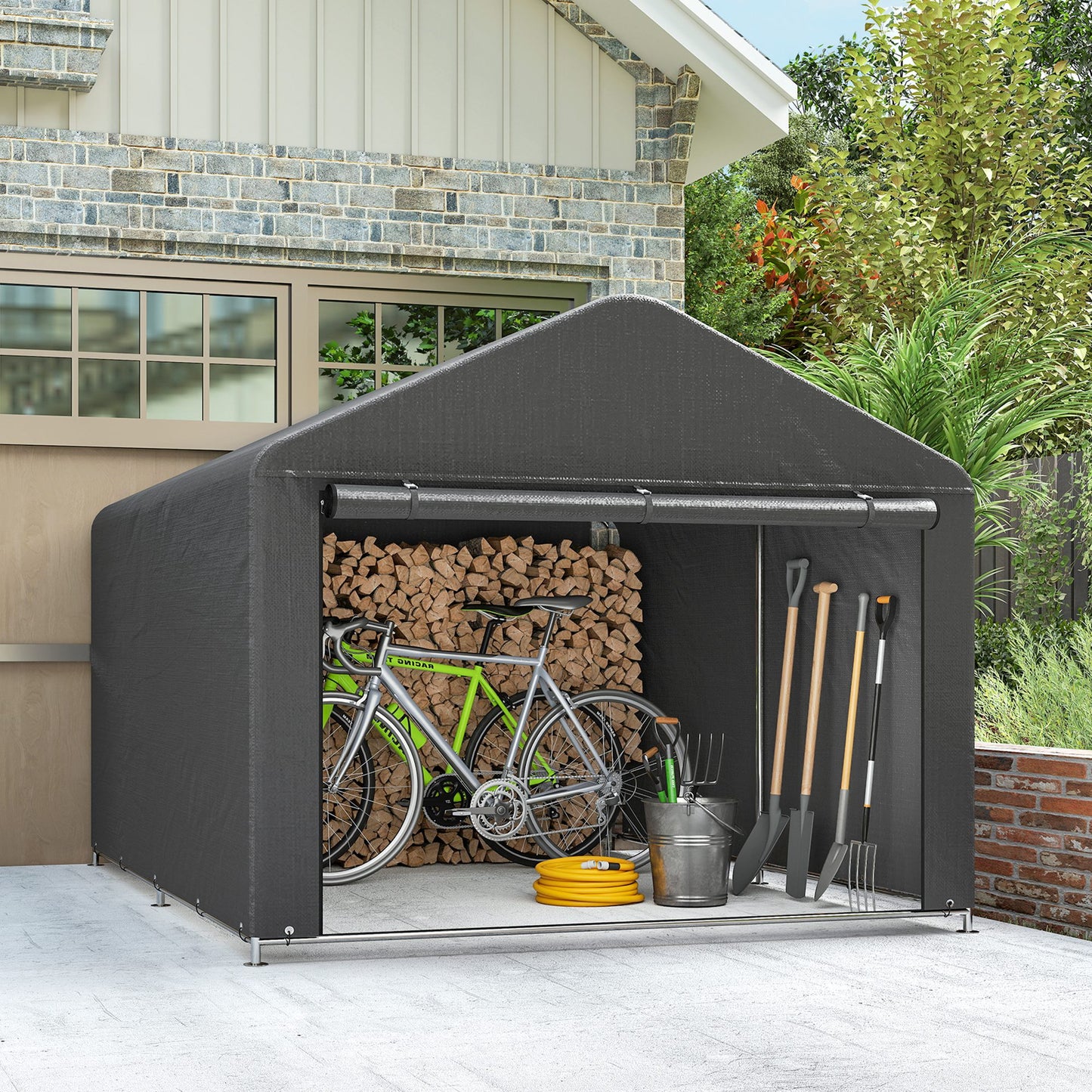Outsunny Outdoor Garden Bike Storage Shed With Waterproof Roll Up Zipper Door And Galvanised Metal Frame Dark Grey