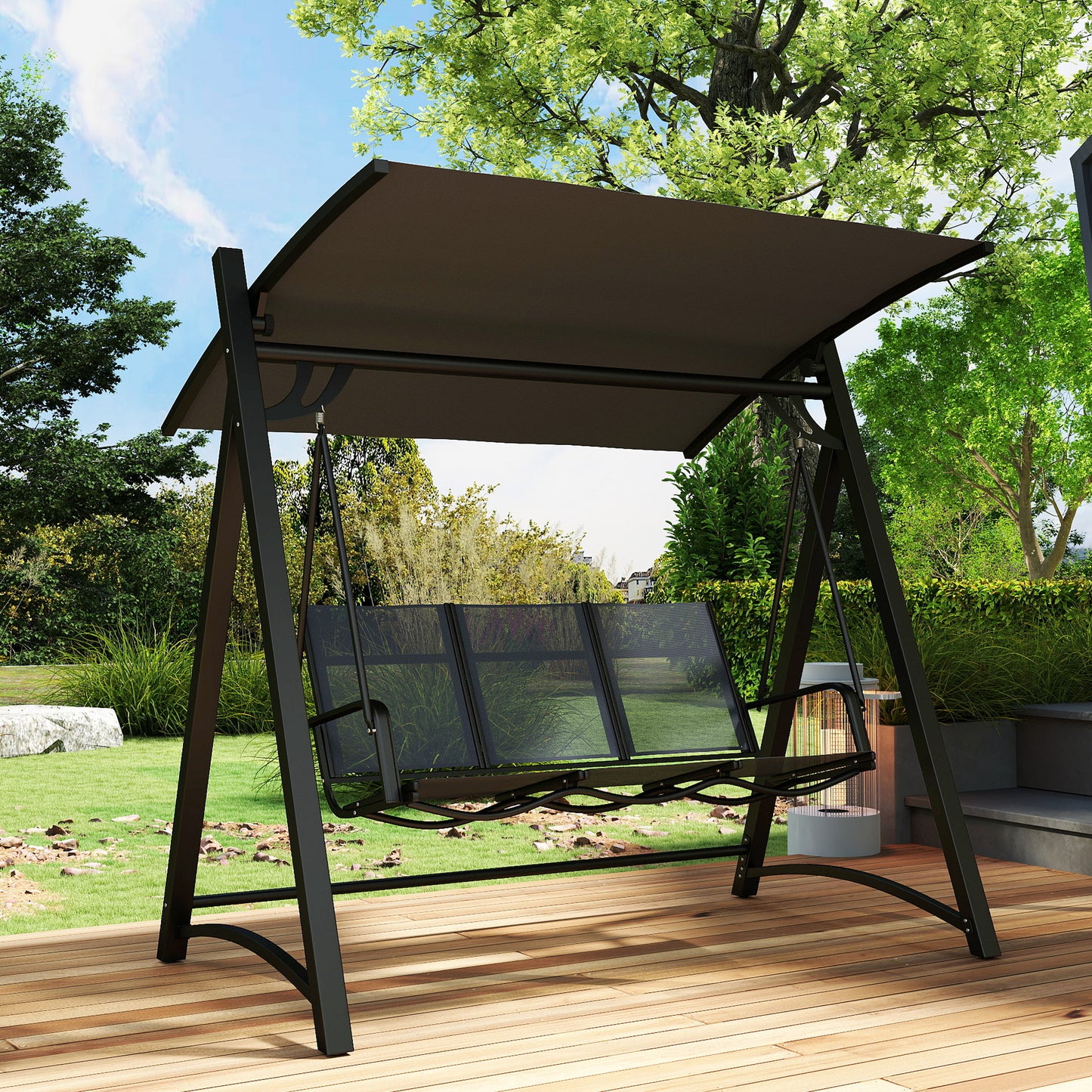 Outsunny 3 Seater Swing Chair Garden Swing Bench Adjustable Tilting Canopy Breathable Mesh Seat 360 Kg Capacity Grey