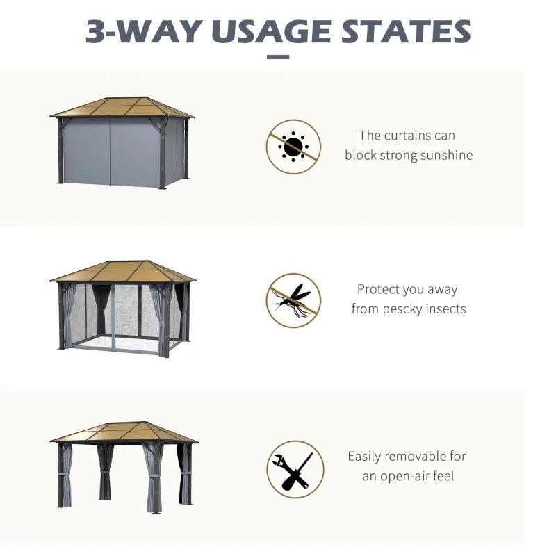 Outsunny 3 x 3.6m Garden Aluminium Gazebo with Hardtop Roof, Canopy, Marquee Party Tent, Patio with Mesh Curtains & Side Walls - Grey - ALL4U RETAILER LTD