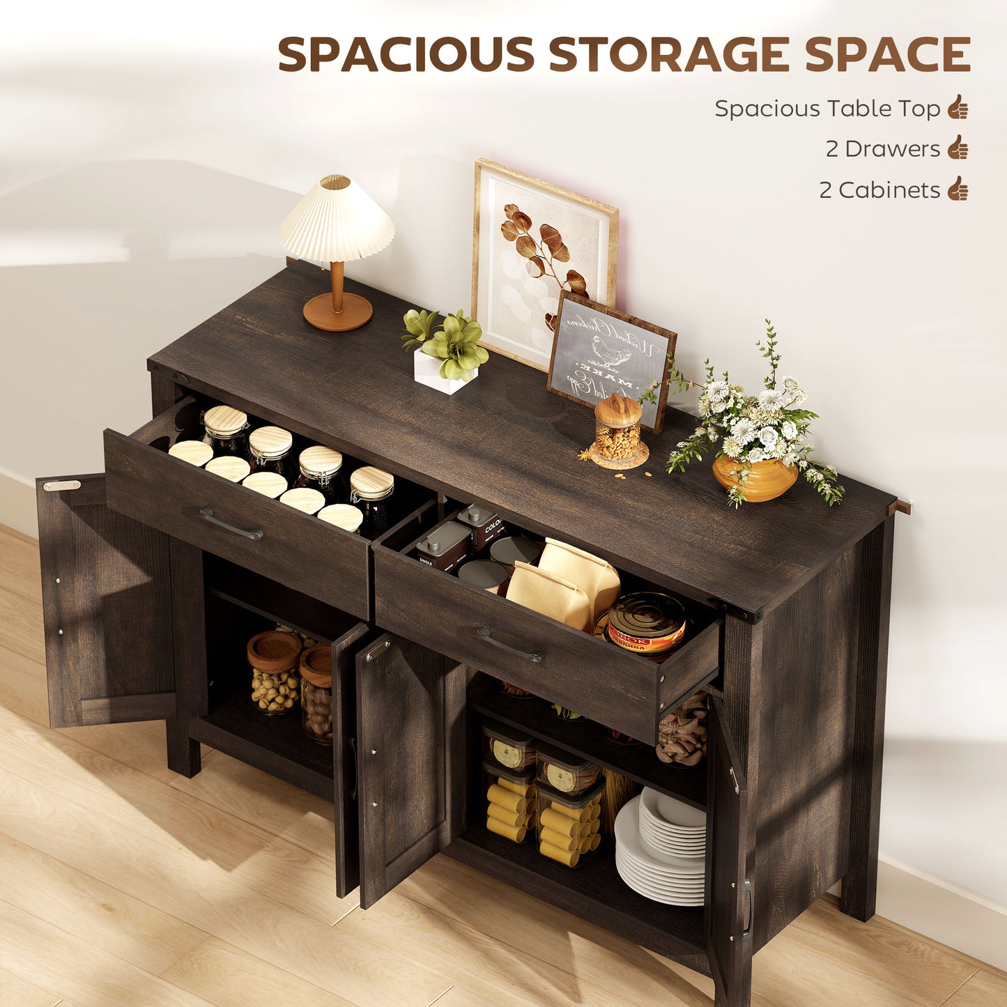 HOMCOM Kitchen Cupboard Sideboard With 4 Doors And 2 Drawers, 2 Adjustable Shelves, Dark Brown Farmhouse Cabinet