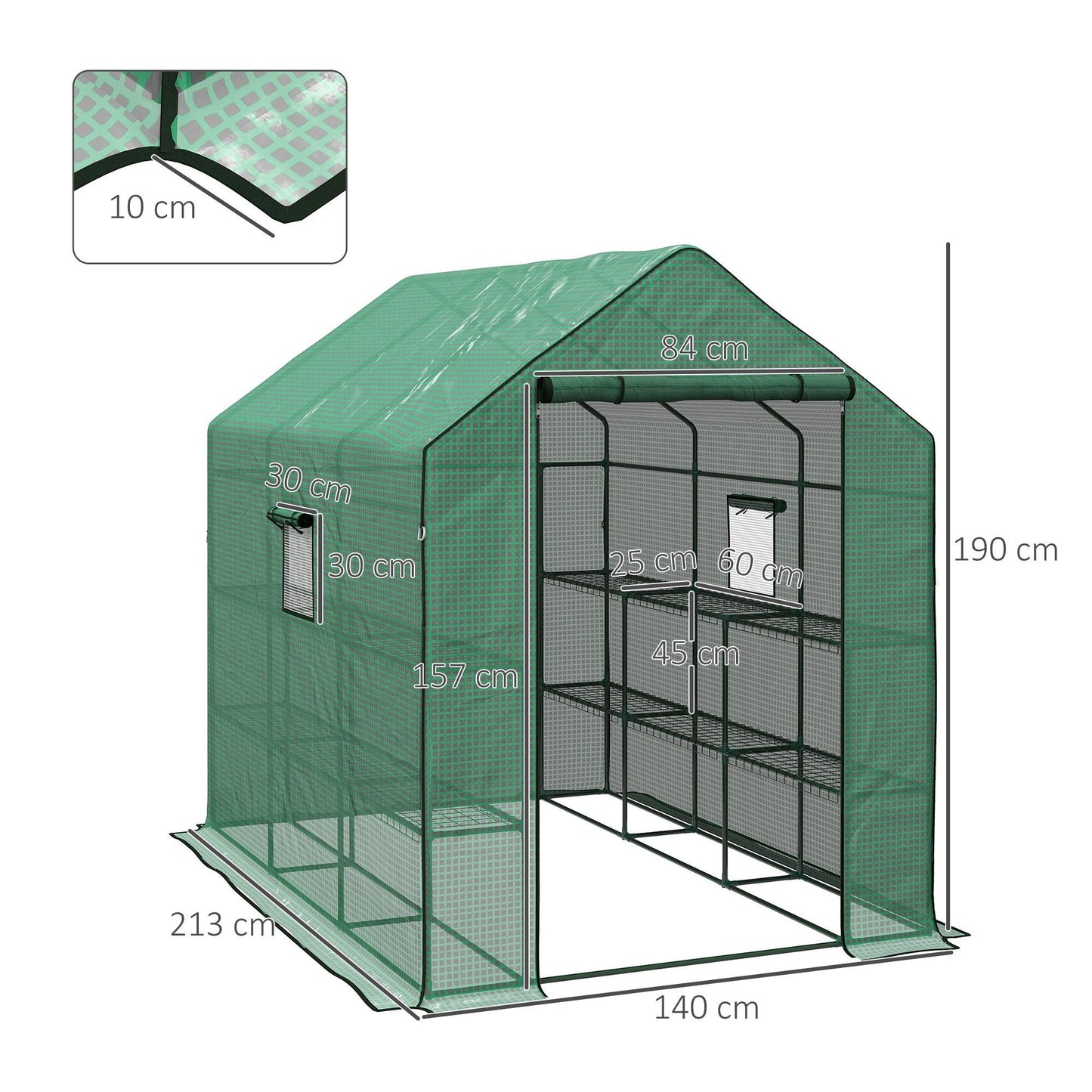 Outsunny Walk-in Greenhouse w/ 3 Tier Shelves, Green House Garden Grow House w/ PE Cover, Roll-up Door, Mesh Windows, 140 x 213 x 190cm, Green - ALL4U RETAILER LTD