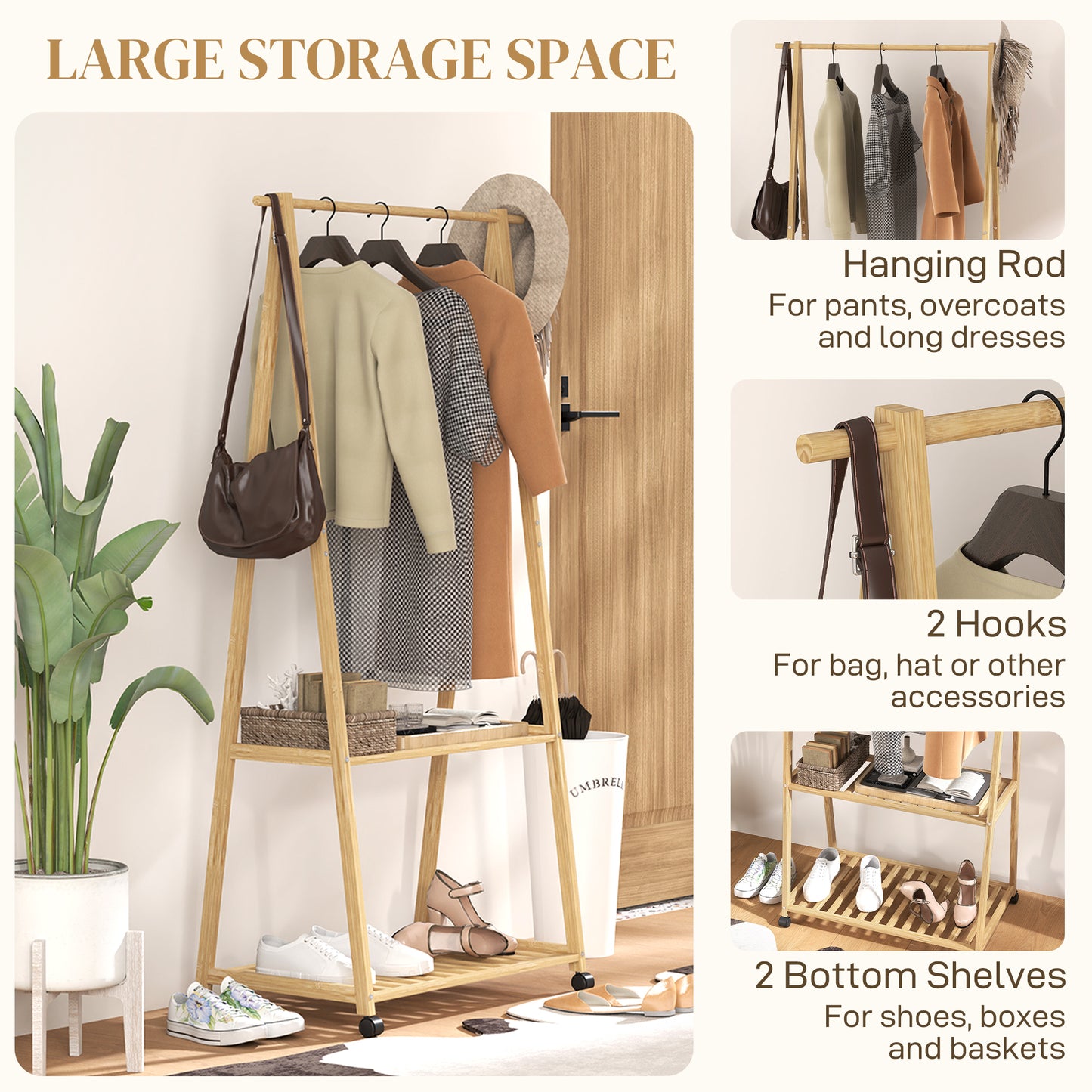 HOMCOM Bamboo Clothes Rack With Shelves And Hooks A Frame Space Saving Organizer Wardrobe And Living Area Natural Finish