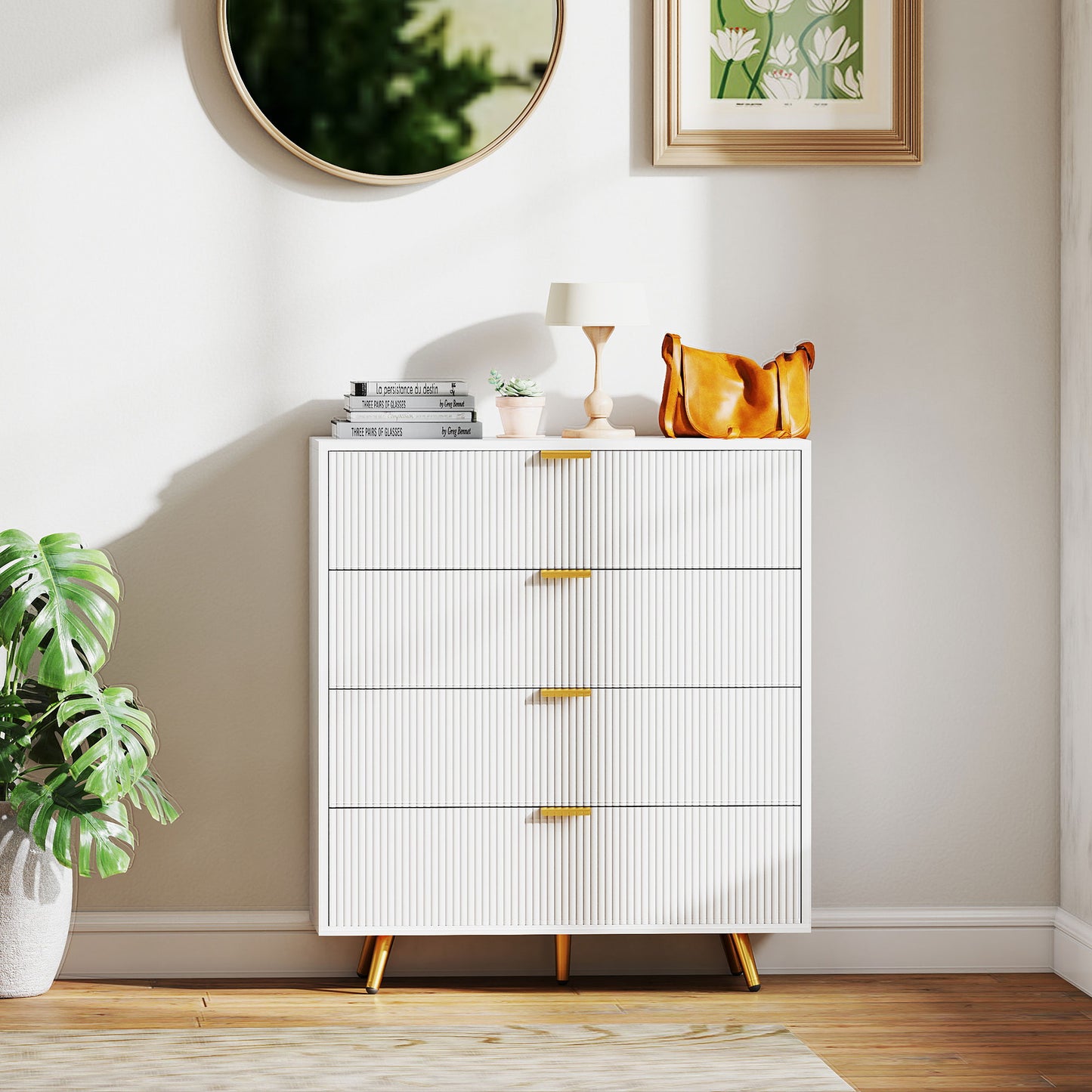 HOMCOM Elegant Four Drawer Bedside Table White With Ample Storage Nightstand For Bedroom