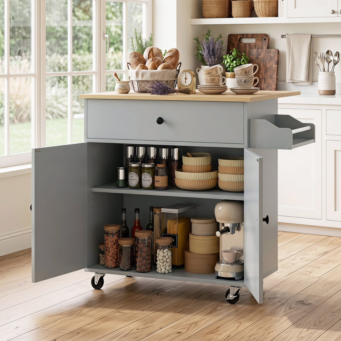HOMCOM Kitchen Island With Drop Leaf And Rolling Wheels In Grey