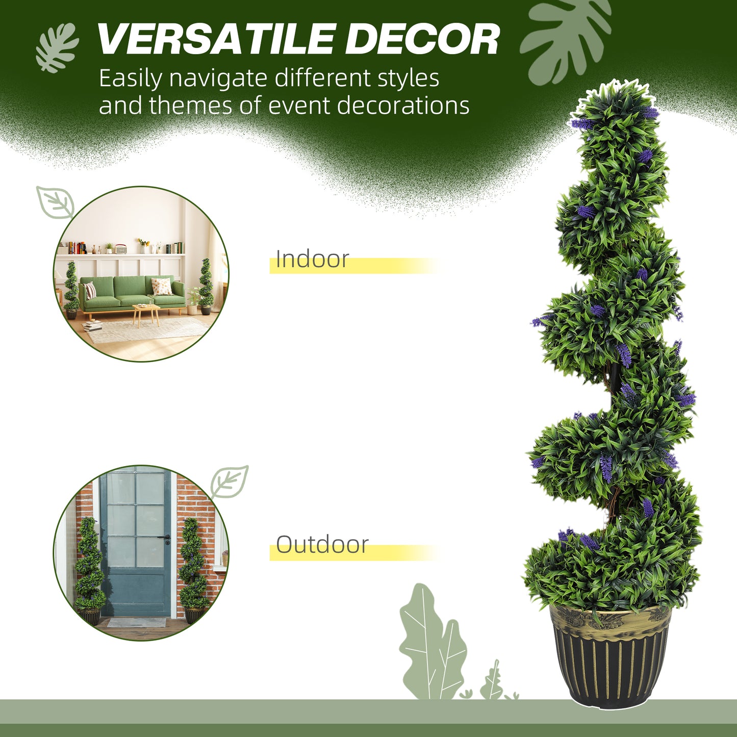 HOMCOM Set Of Two 115cm Artificial Lavender Trees In Black And Gold Pot With Cement Weighted Base