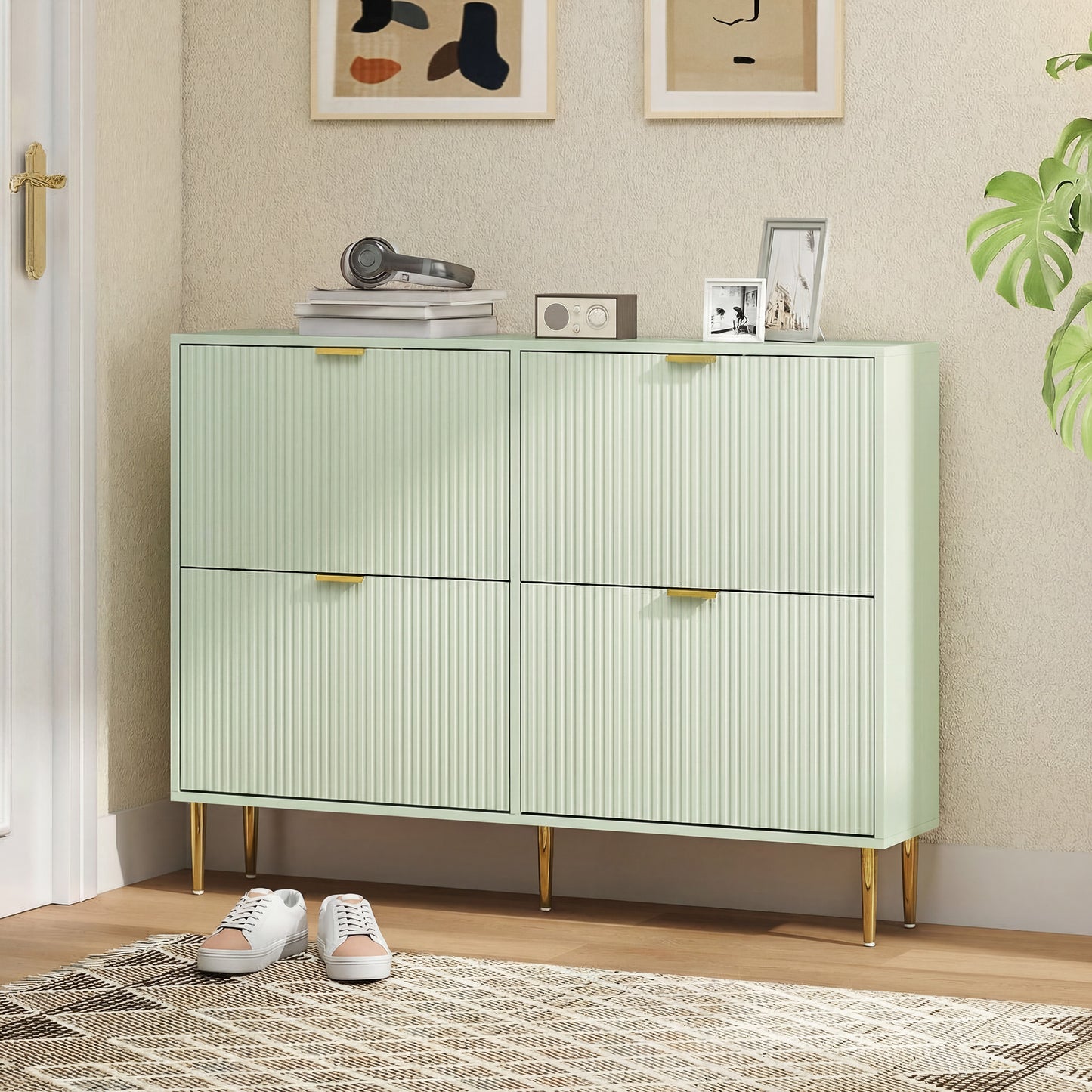 HOMCOM Elegant Four Drawer Shoe Cabinet in Light Green with Ridged Doors and Gold Accents Holds 10 to 20 Pairs