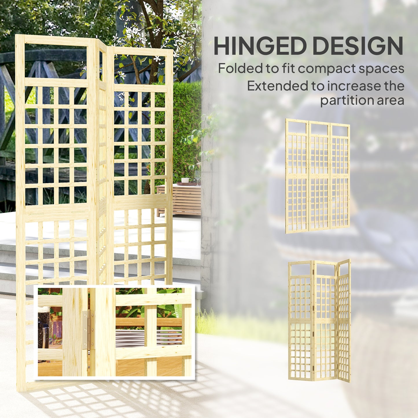 Outsunny 3 Panel Garden Privacy Screen Foldable Wooden Outdoor Divider Trellis 120 x 170 cm Natural Finish