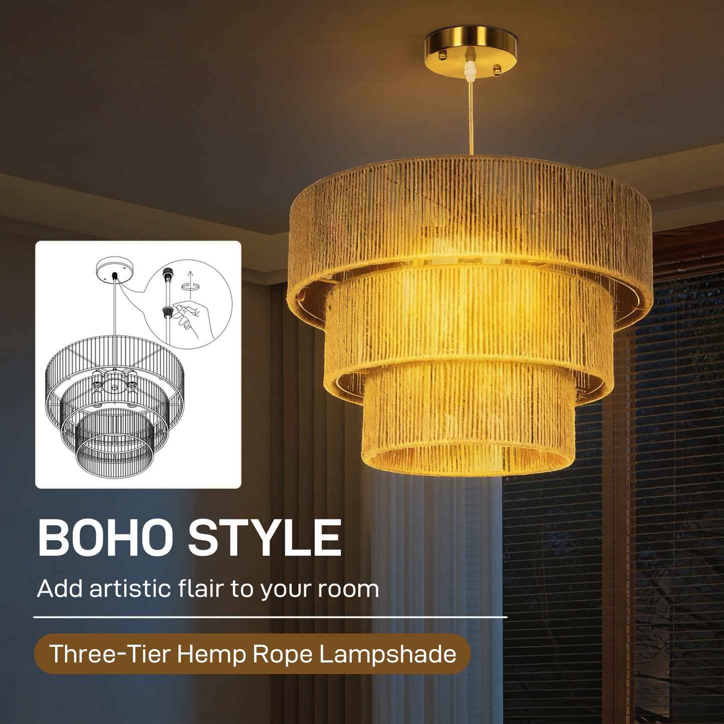 HOMCOM Hemp Rope Ceiling Light 3 Layer Boho Pendant With 4 E14 Fixtures For Living Room Bedroom Hallway Light Brown