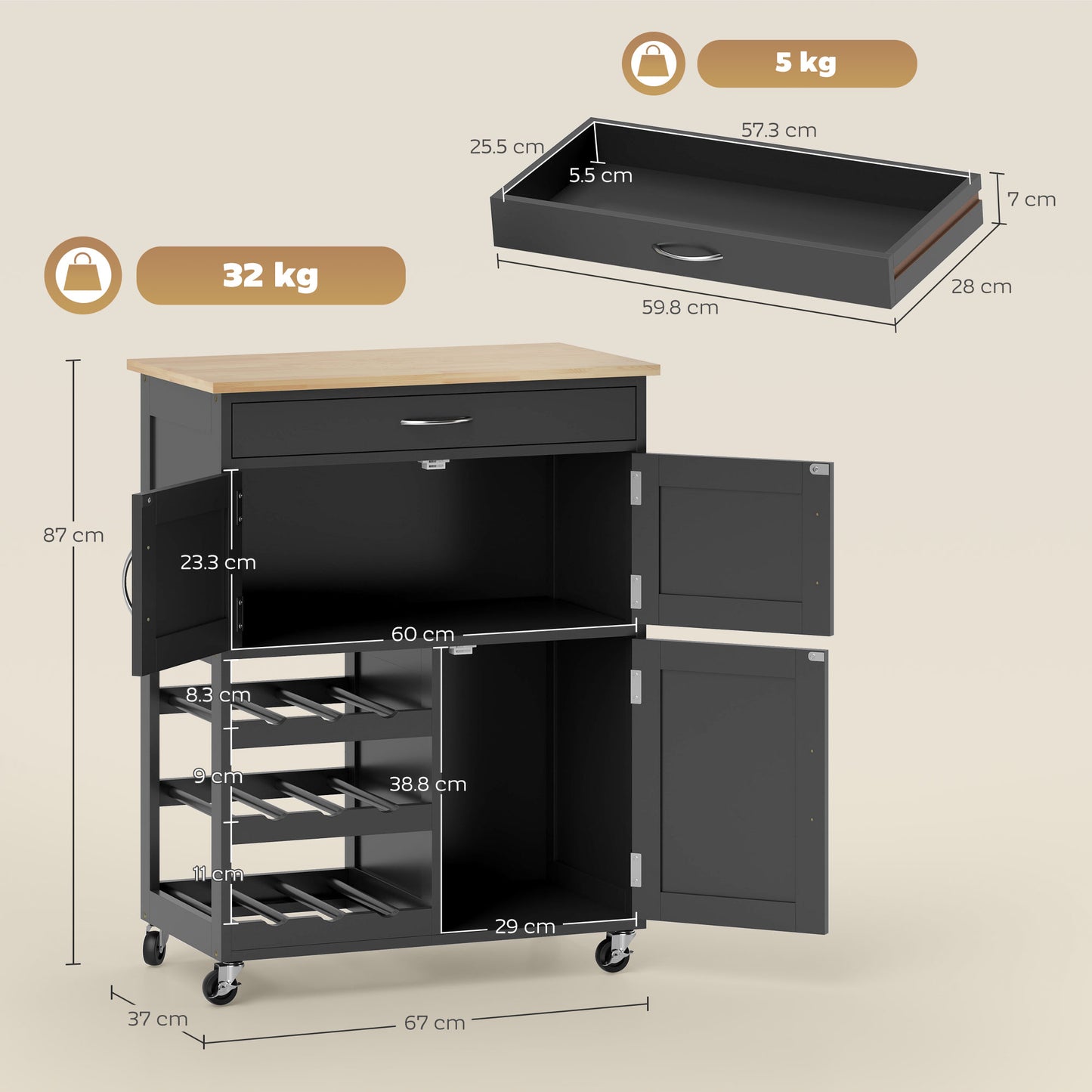 HOMCOM Modern Kitchen Trolley Rolling Island Storage Cart With Drawer 9 Bottle Wine Rack Door Cabinets Black
