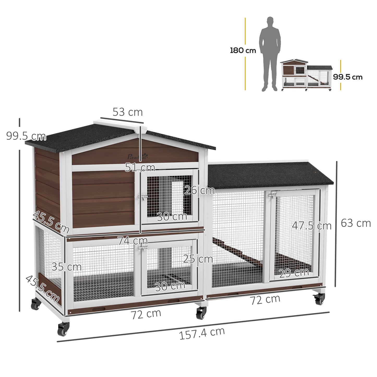 PawHut Two-Tier Wooden Rabbit Hutch with Wheels and Run, Durable Brown Design - ALL4U RETAILER LTD