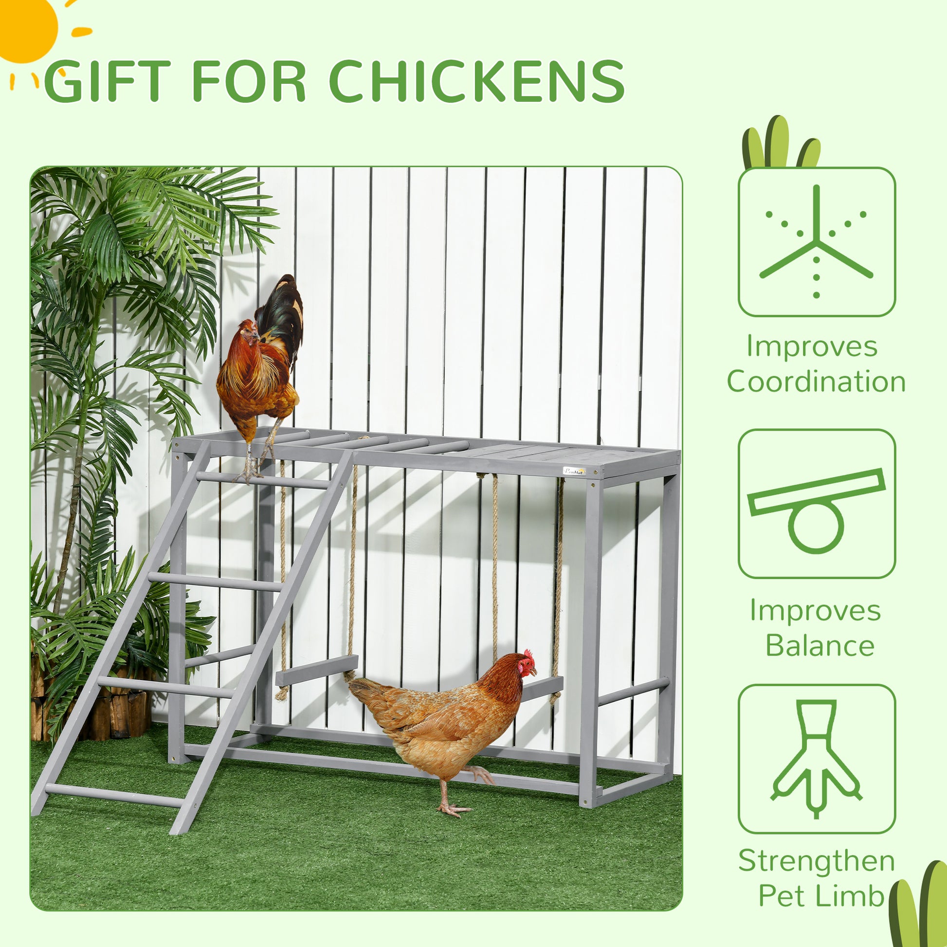 PawHut Wooden Chicken Coop Play Area with Swings for 3-4 Birds - Outdoor Hen House in Grey - ALL4U RETAILER LTD